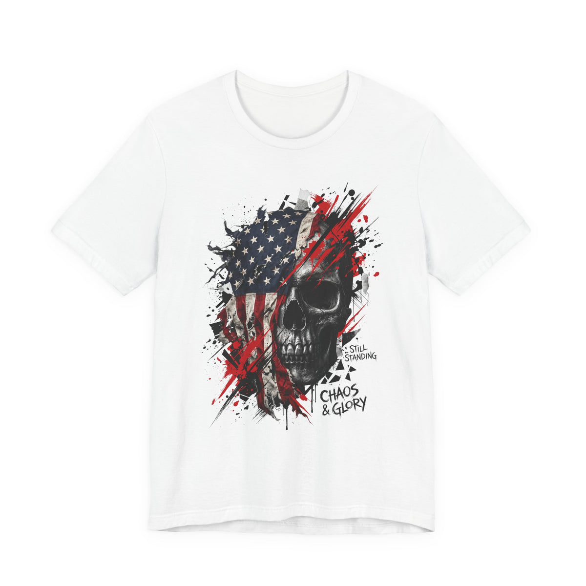 White graphic skull T-shirt with American flag splash and distressed text