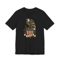 Black t-shirt with eagle shield graphic and banner reading 1776