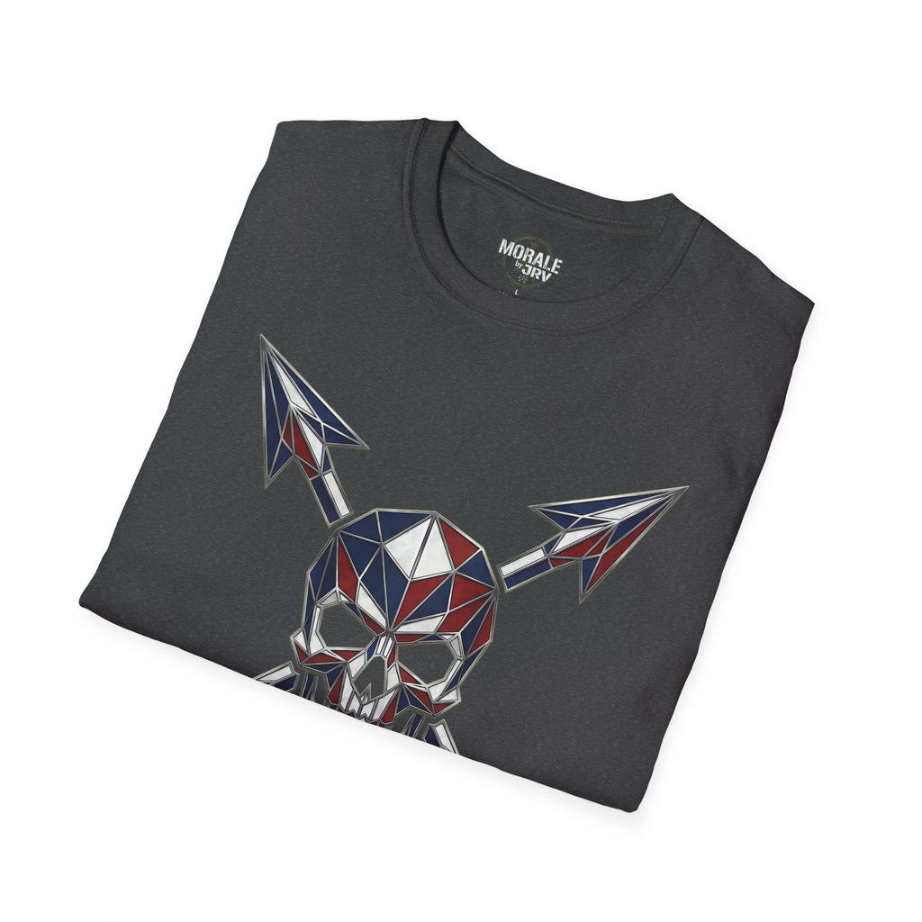 Charcoal T-shirt with geometric skull and crossed arrow graphic