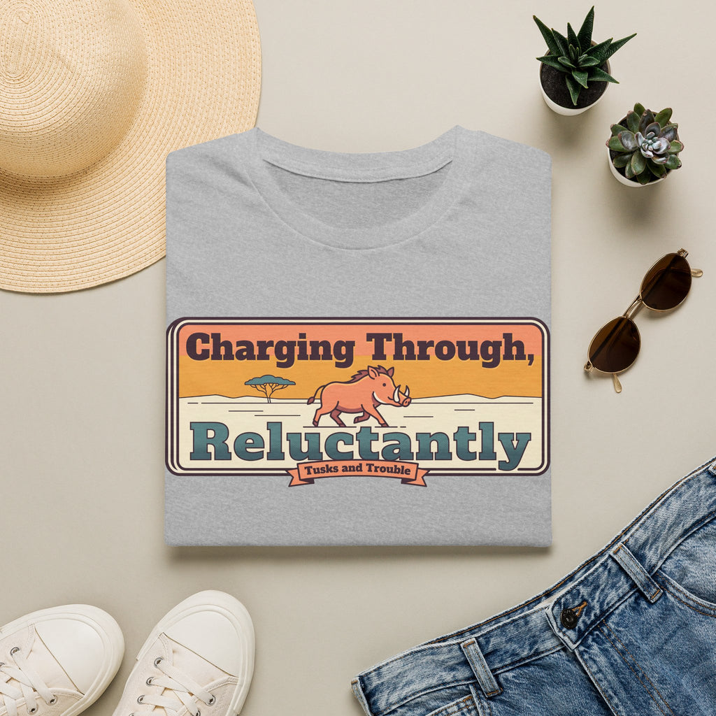 Light gray short-sleeve T-shirt with “Charging Through… Reluctantly” pig graphic