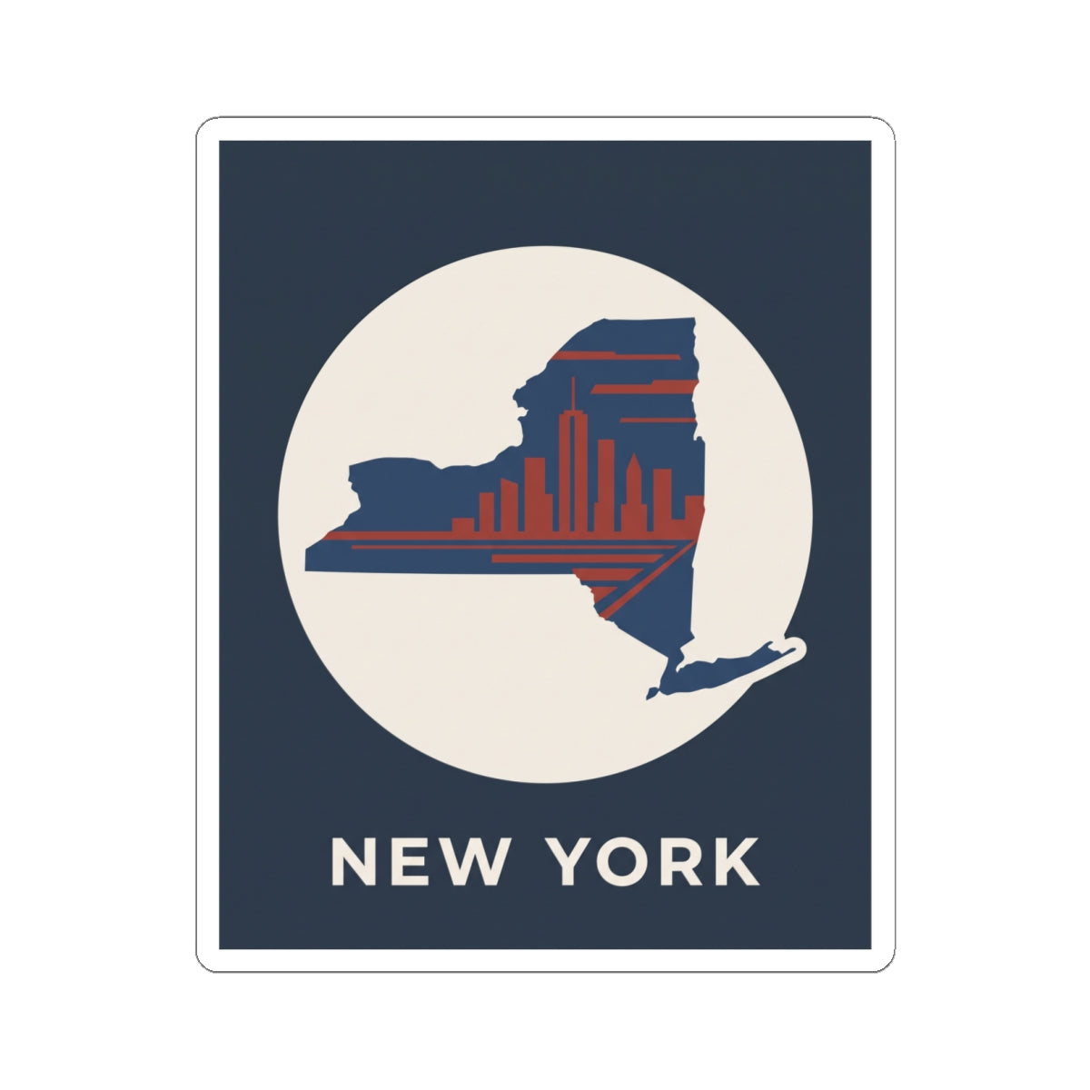 New York skyline sticker: white circle backdrop, blue state outline, red skyline and “NEW YORK”