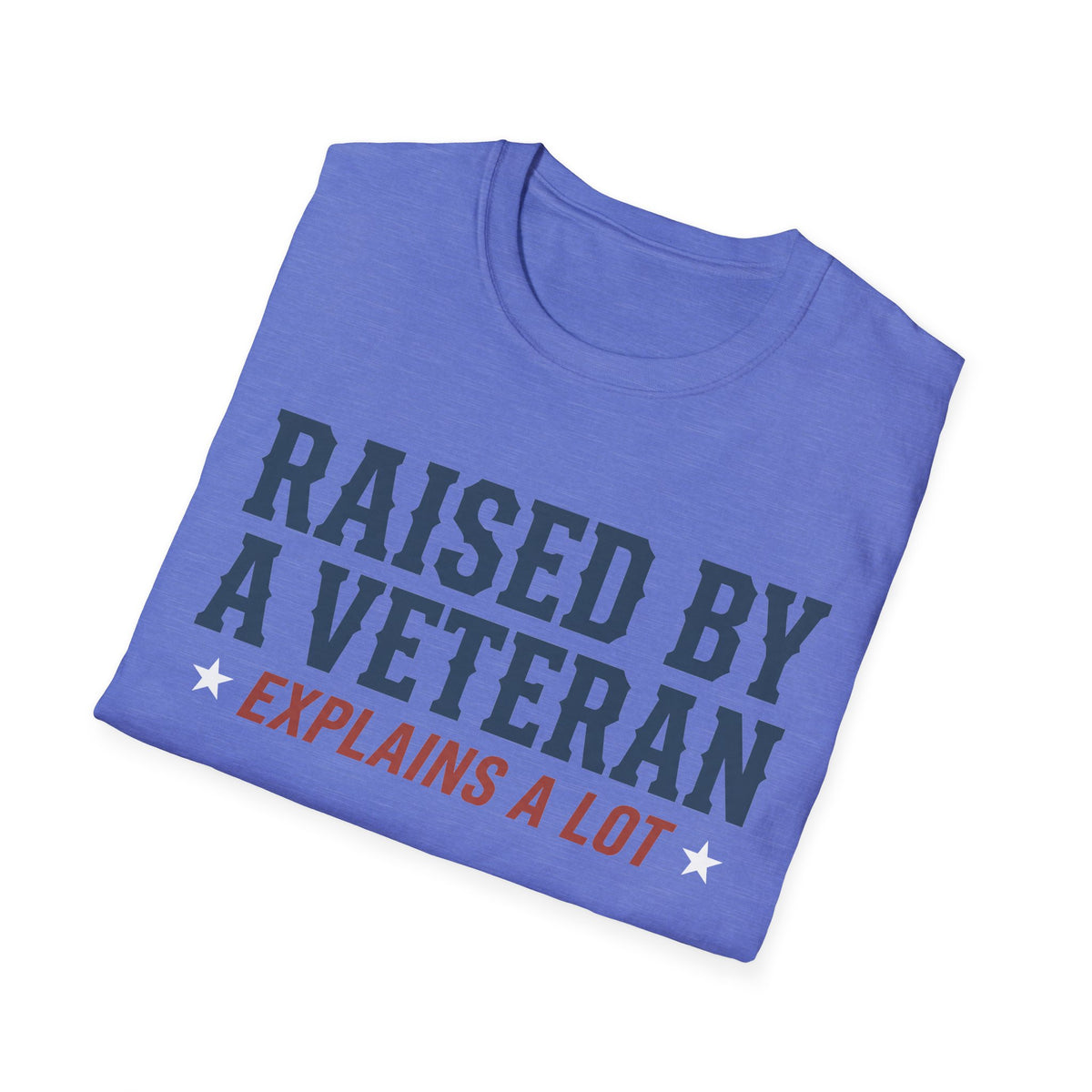 Printed crewneck T-shirt in periwinkle blue with blue and red slogan graphic