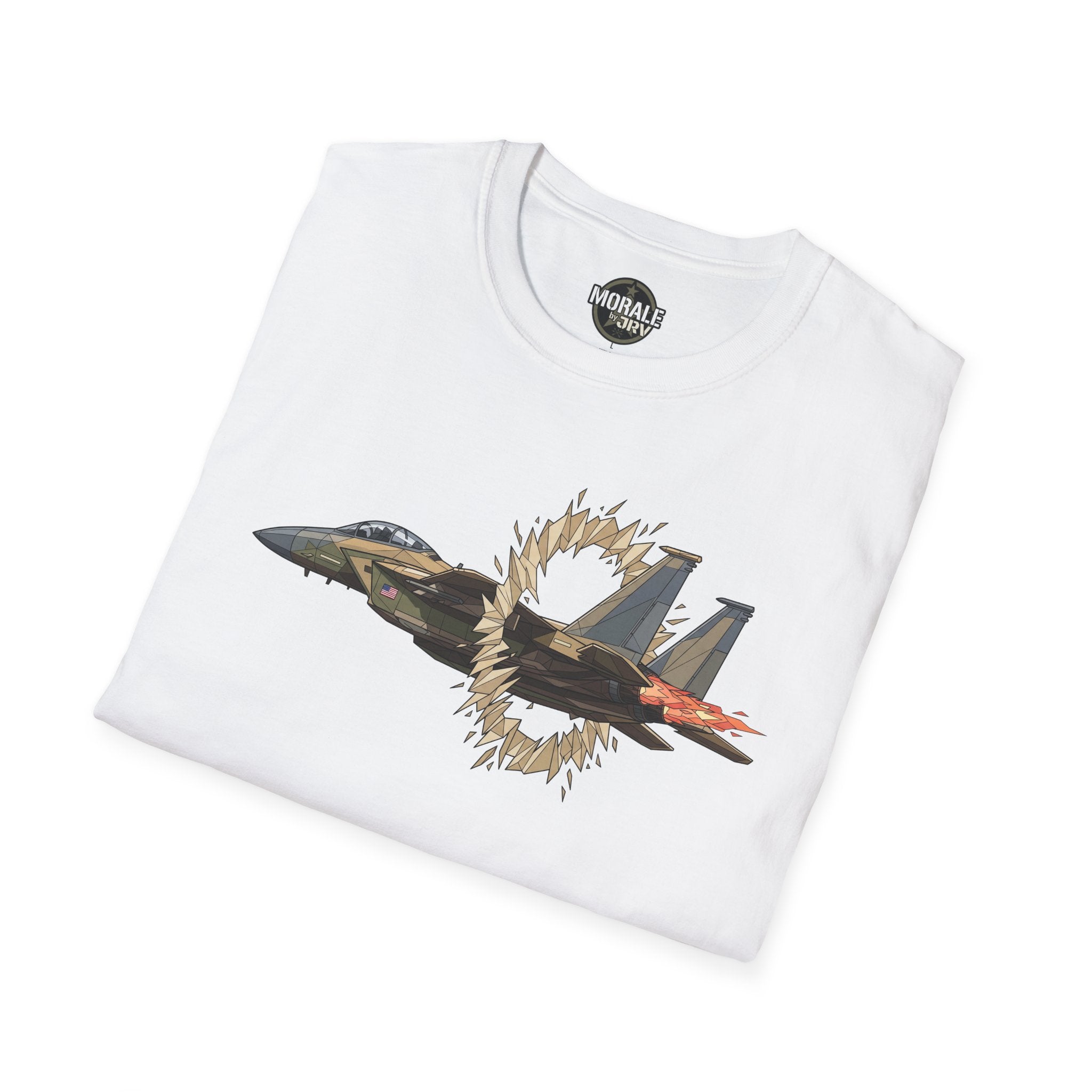 White t-shirt with fighter jet and golden “ring of fire” burst graphic
