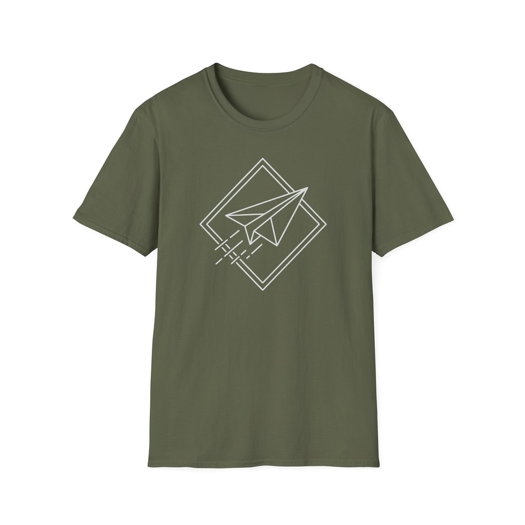 Olive green T-shirt with white paper airplane line art in diamond outline