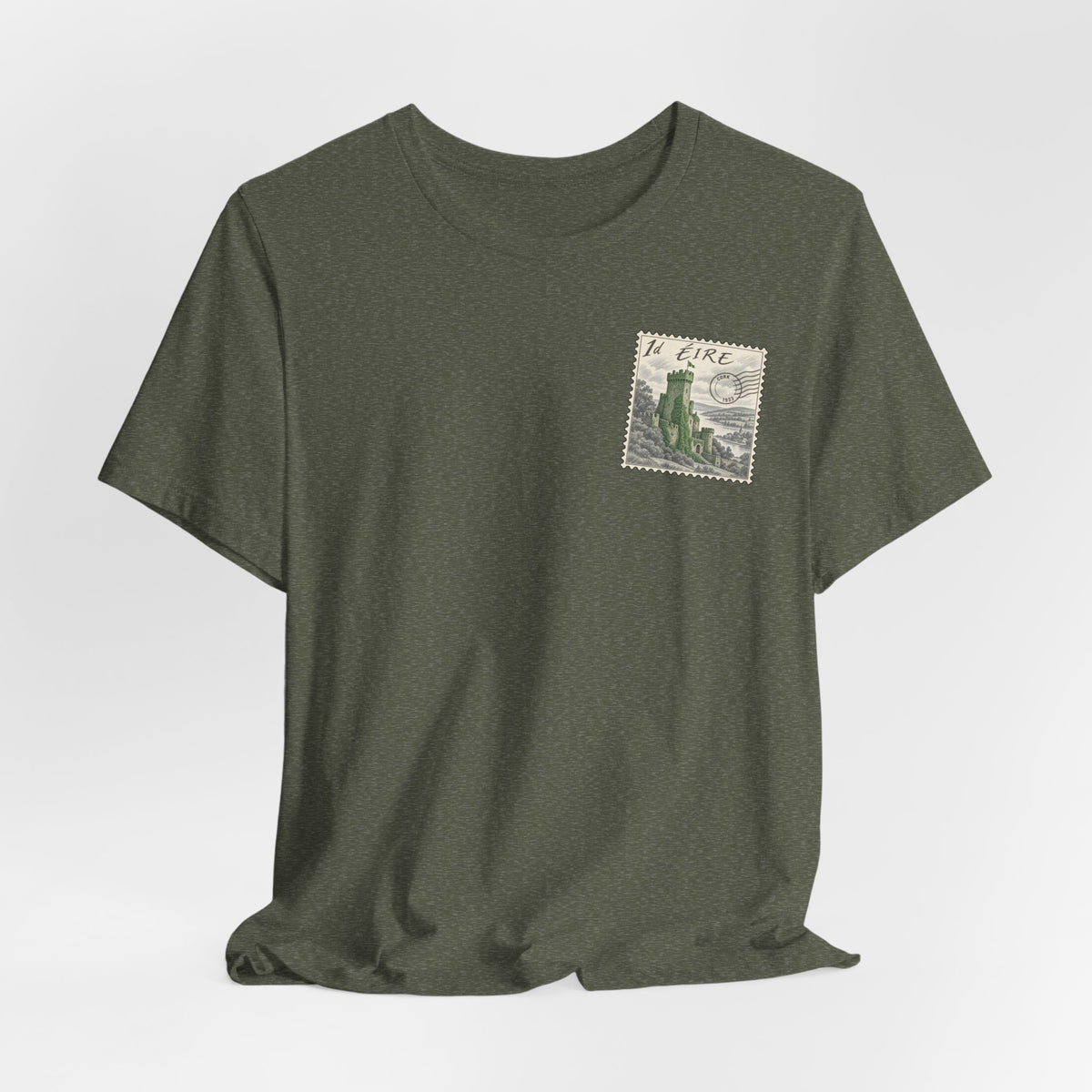 Dark heather T-shirt with small vintage postage stamp graphic on the chest.