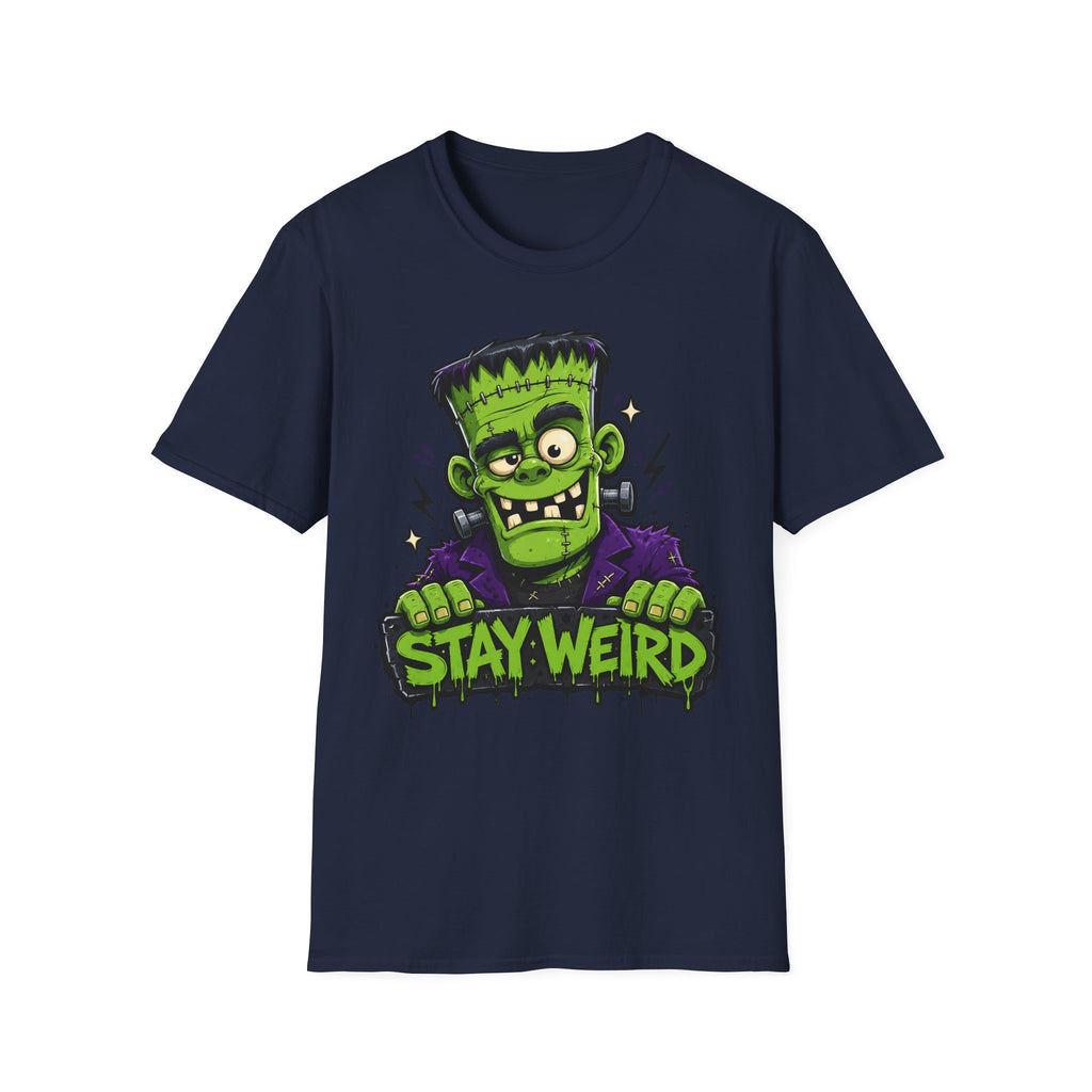 Navy graphic monster T-shirt with green character and “STAY WEIRD” text
