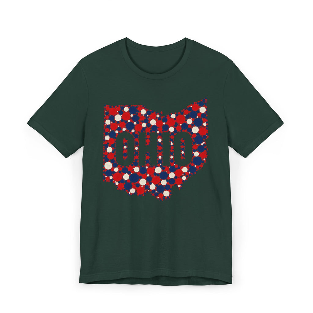 Deep green T-shirt with dotted polka graphic OHIO in red, white, and blue