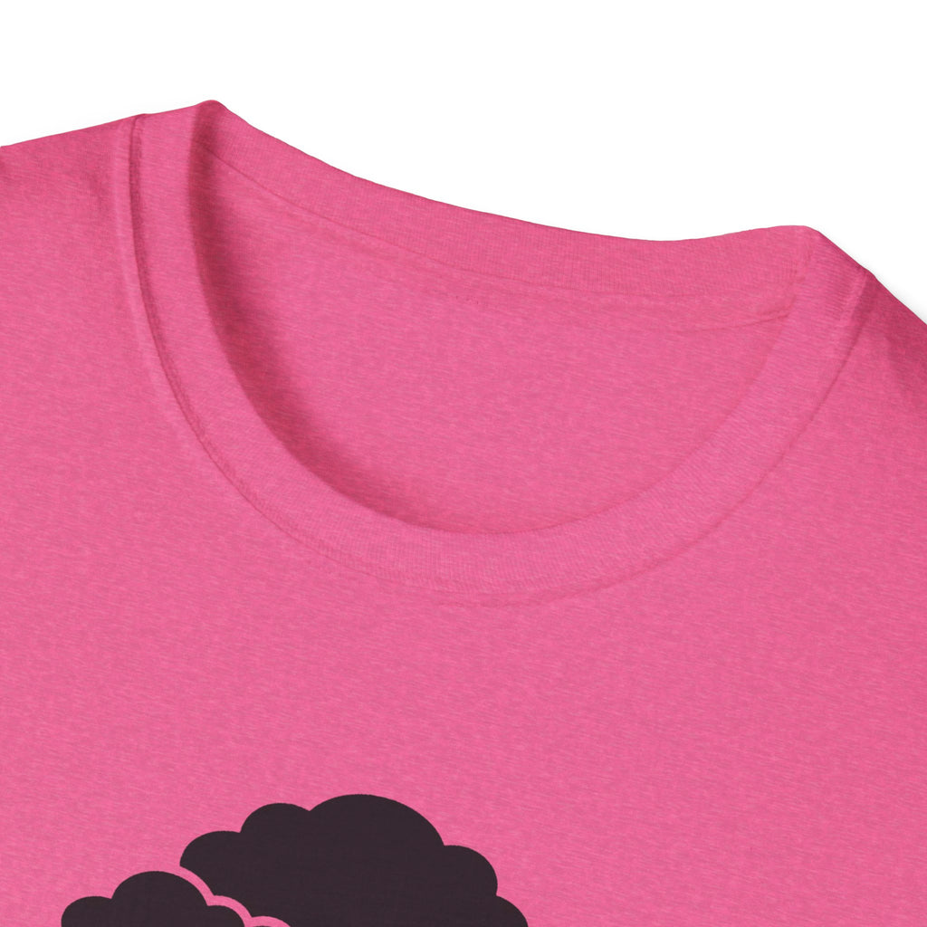 Pink t-shirt neckline with partial bonsai tree print at lower chest