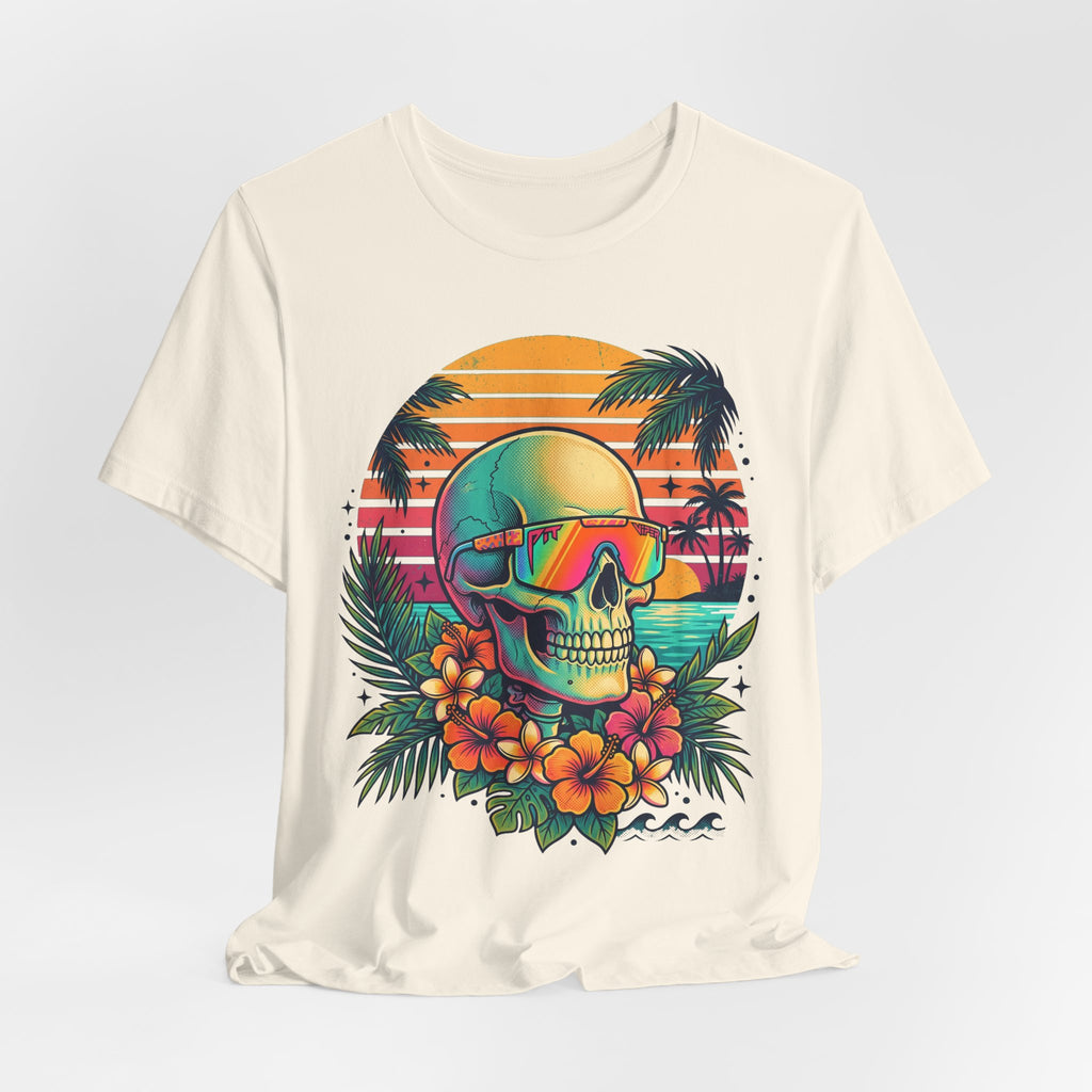 Natural T-shirt front with tropical skull, neon sunglasses, and colorful flower accents