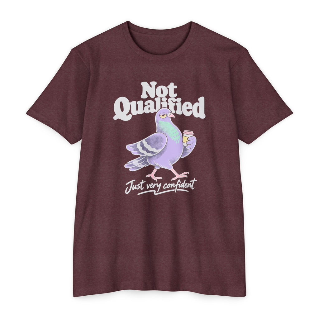 Burgundy crewneck T-shirt with pigeon graphic and 'Not Qualified' slogan on front