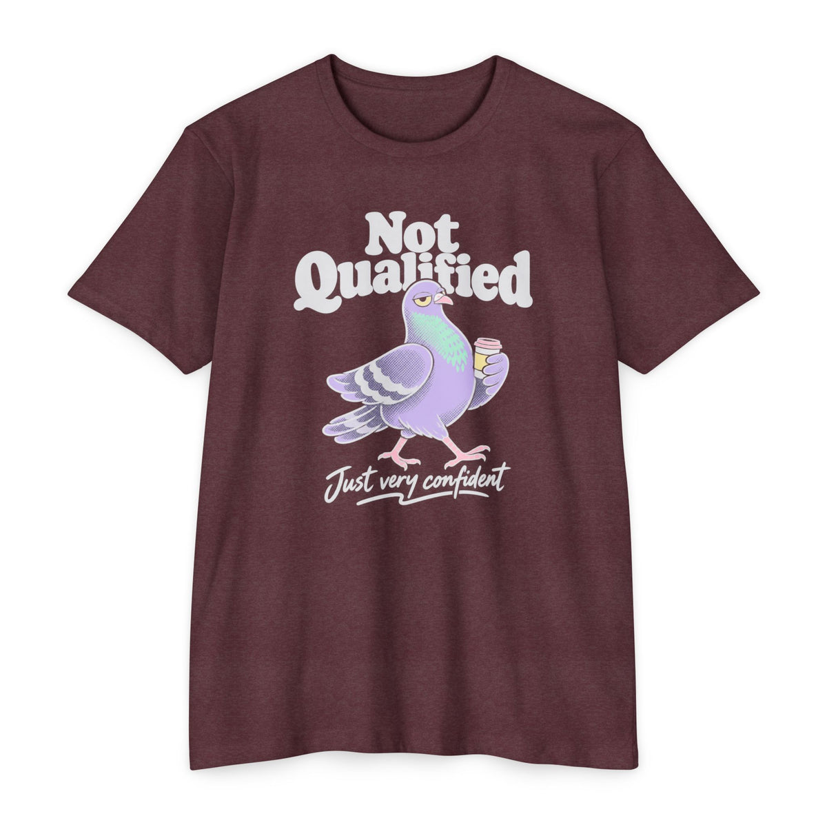 Burgundy crewneck T-shirt with pigeon graphic and 'Not Qualified' slogan on front