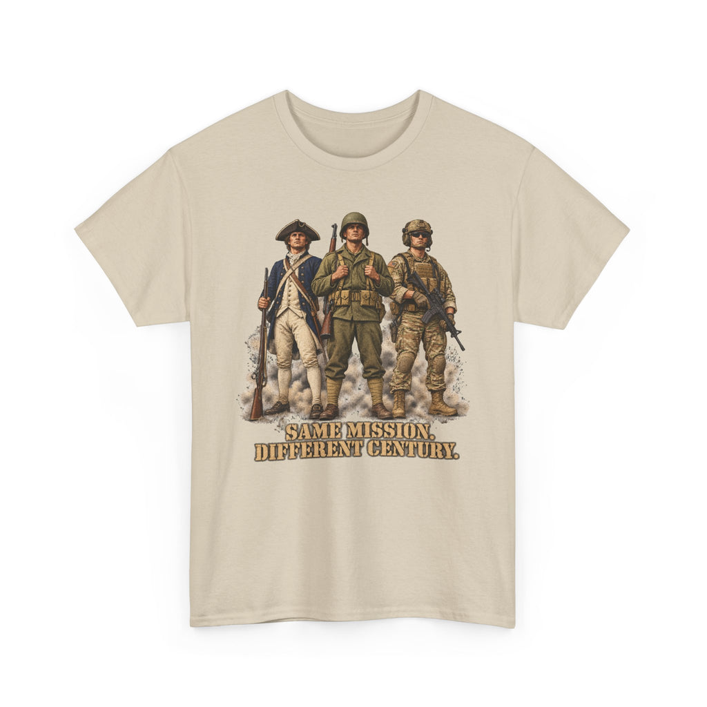 Sand graphic soldiers T-shirt with bold text "Same Mission Different Century."