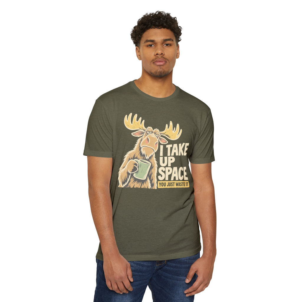 Olive green crew-neck T-shirt with moose graphic and slogan print on front