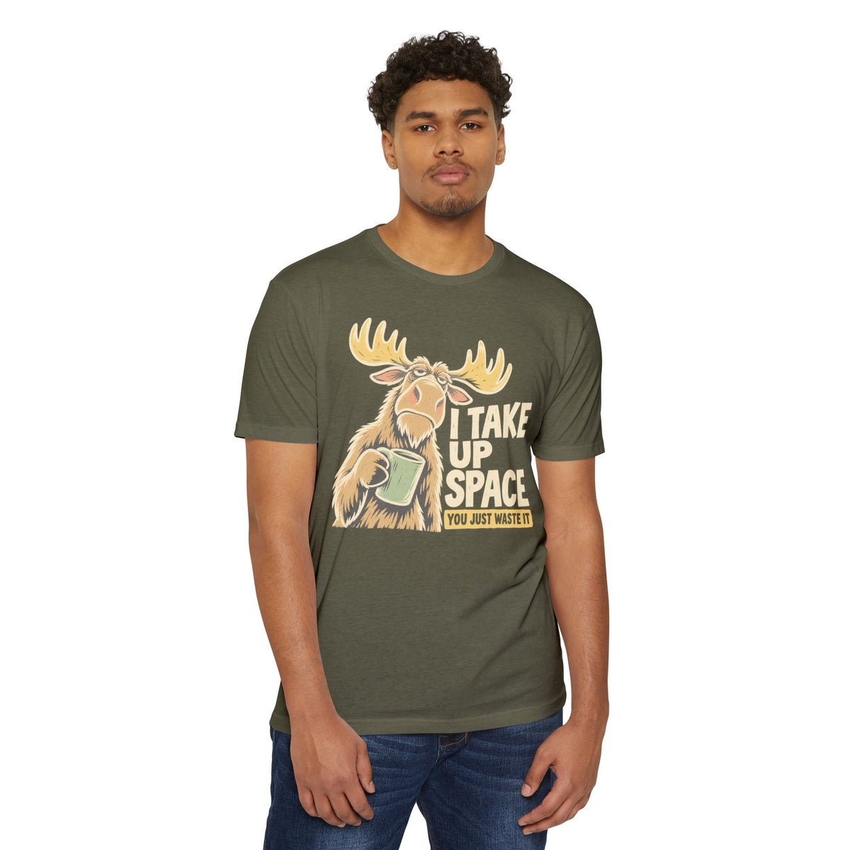Olive green crew-neck T-shirt with moose graphic and slogan print on front