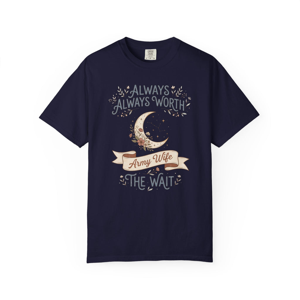 Navy crewneck T-shirt with moon and “Always Worth the Wait” graphic