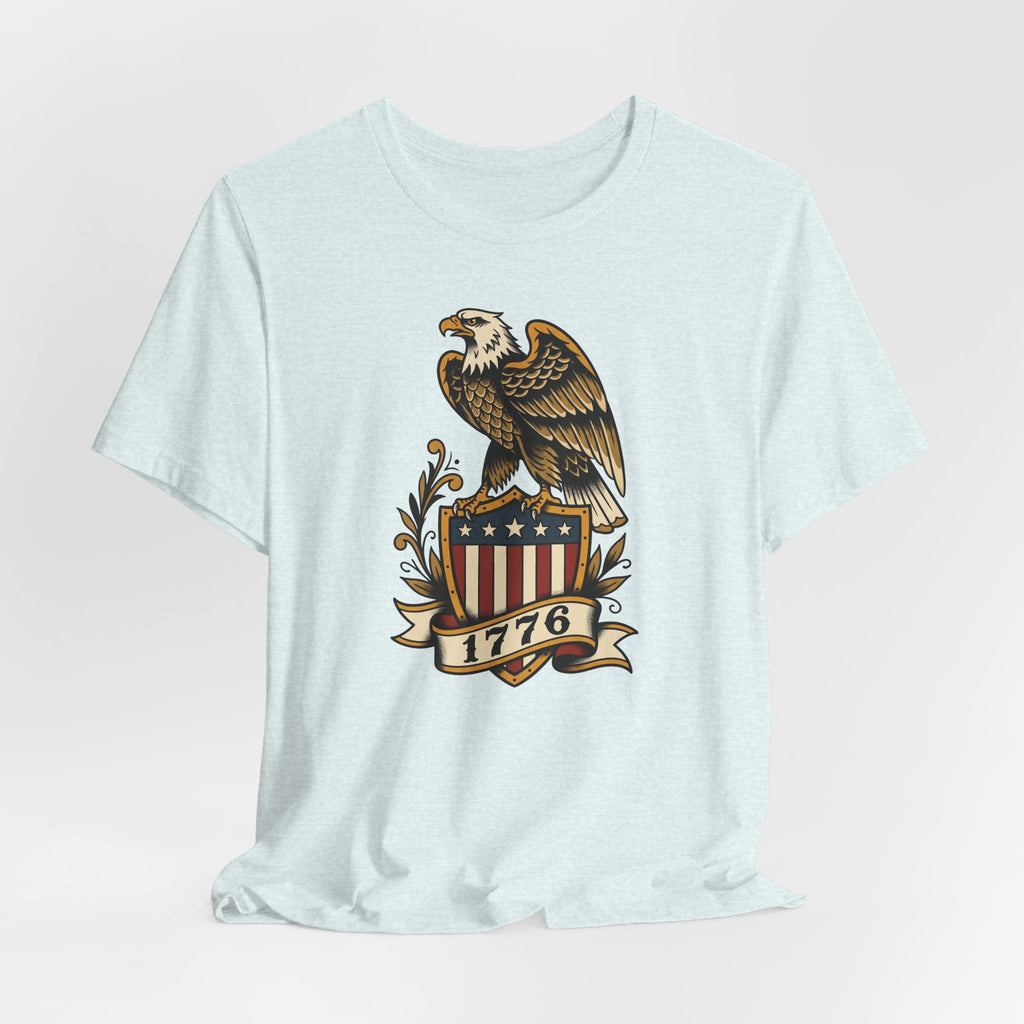 Light blue crewneck T-shirt with eagle shield graphic on the chest