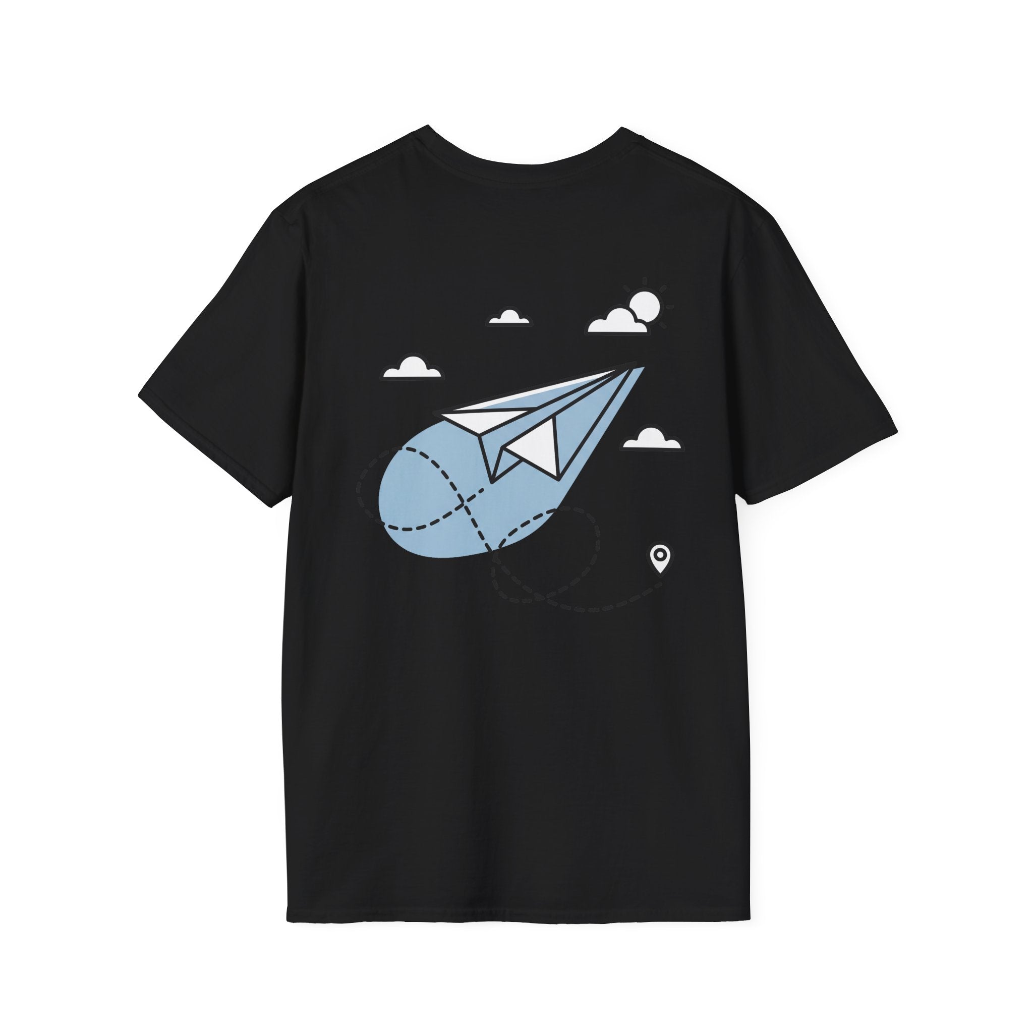 Black T-shirt with blue-and-white paper airplane graphic and small cloud icons