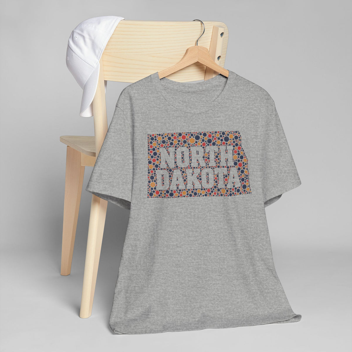 Gray crew-neck short-sleeve T-shirt with North Dakota floral map graphic