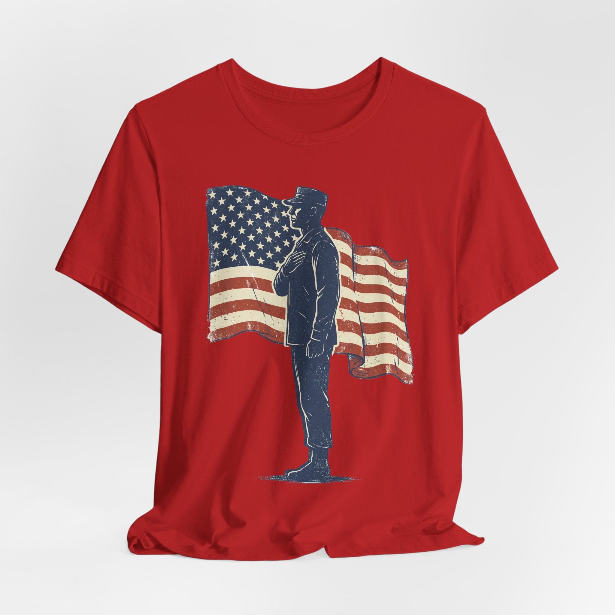 Red crewneck T-shirt with full front soldier holding American flag graphic