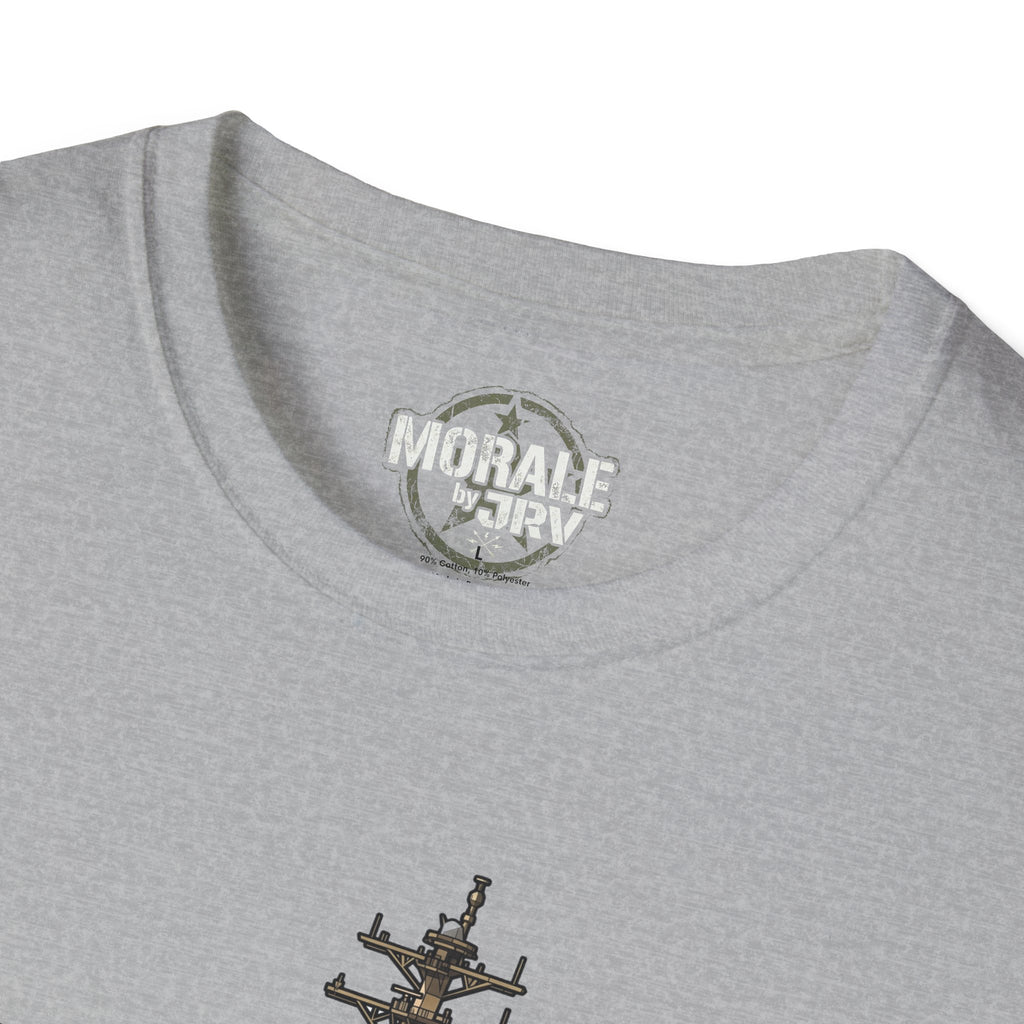 Light gray T-Shirt neckline with small round logo patch