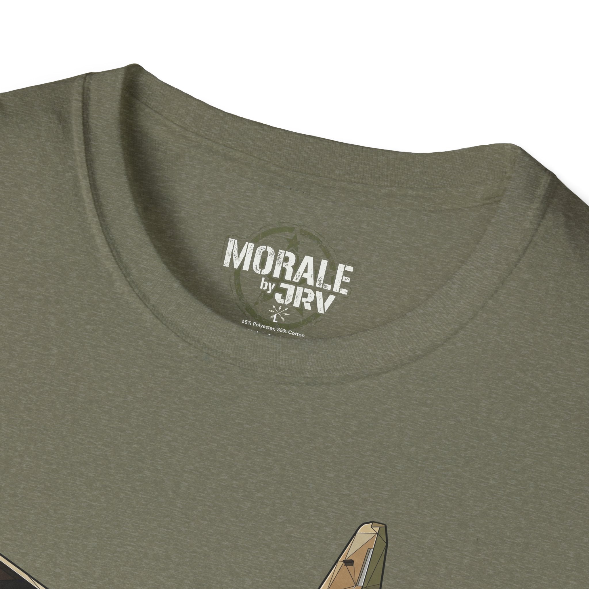Vintage C-130 T-shirt, military green collar logo print close-up