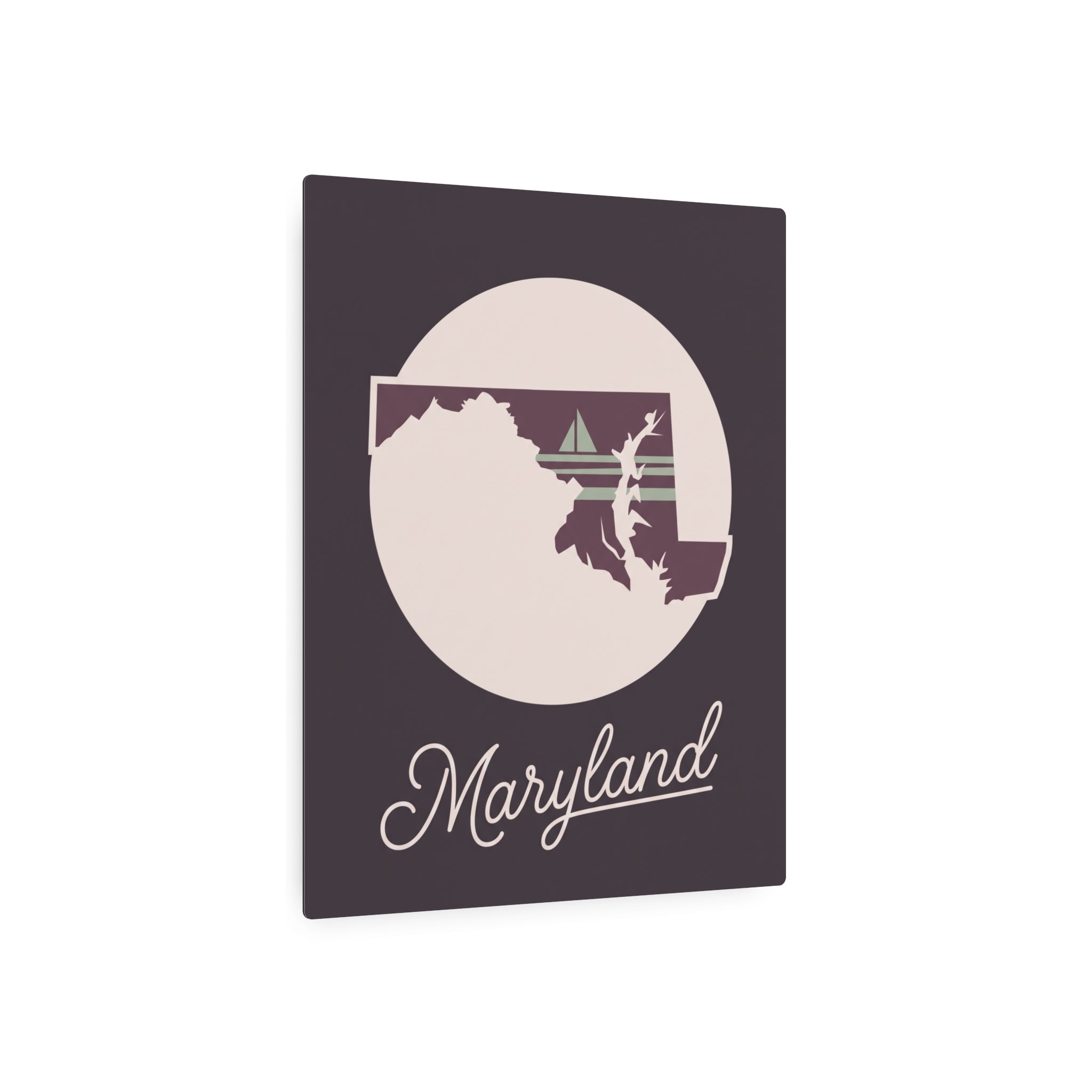 Square dark purple Maryland metal wall art with circular state silhouette and cursive 'Maryland'