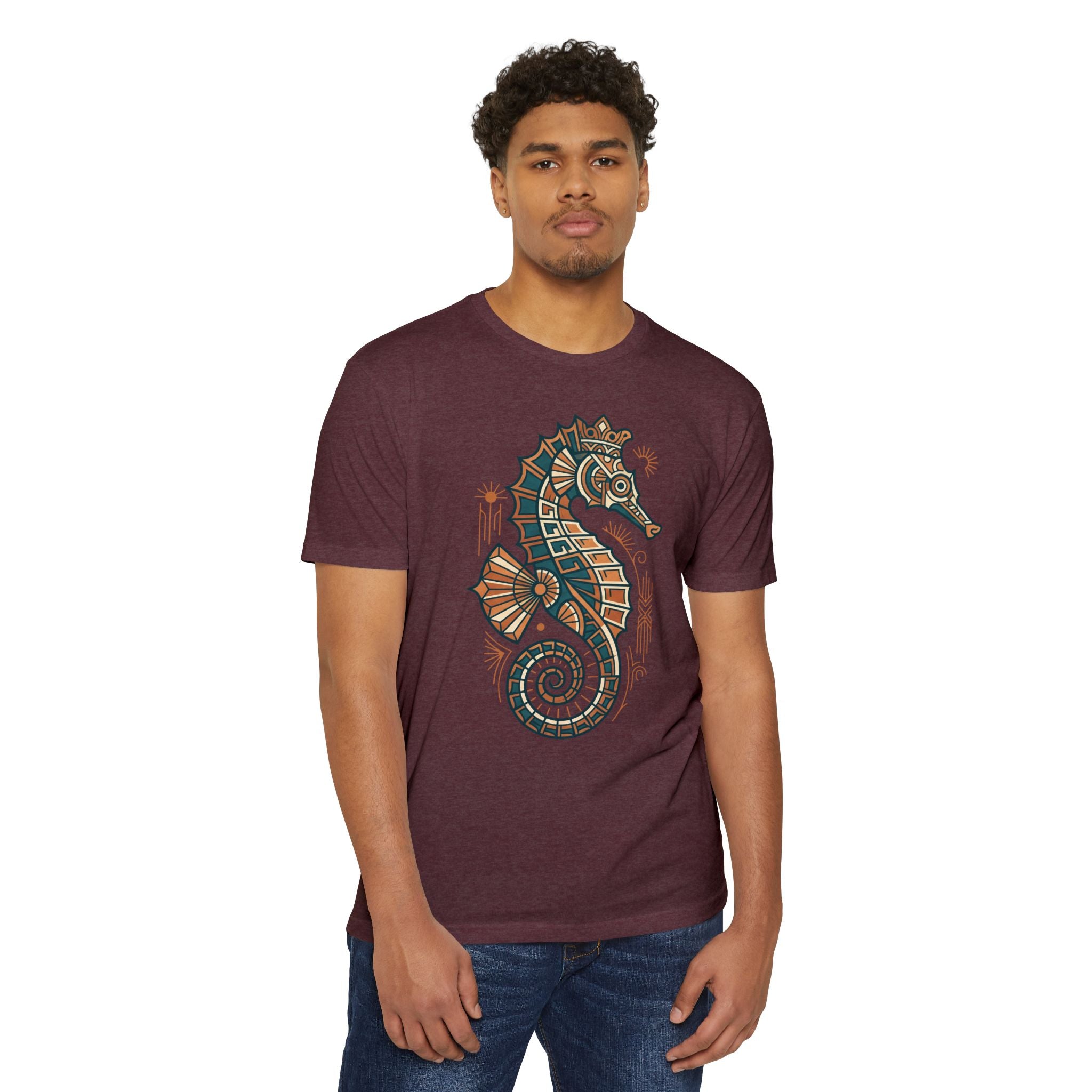 Burgundy unisex T-shirt with colorful seahorse mosaic graphic on the chest
