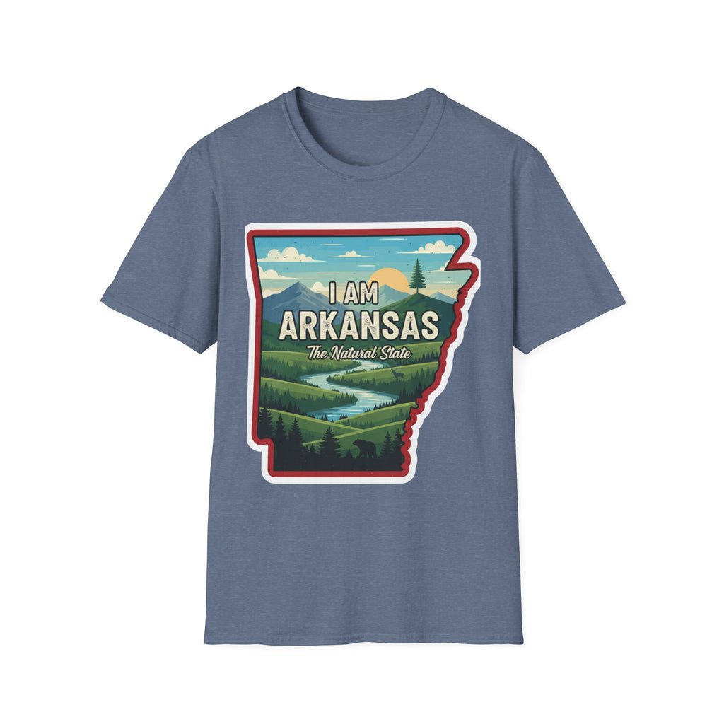 I AM Arkansas T-shirt in heather blue with state-shaped landscape graphic