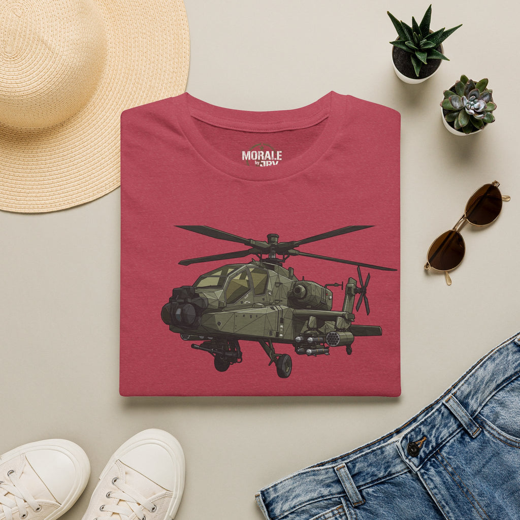 Heather cardinal red AH-64 Apache helicopter t-shirt with front helicopter graphic