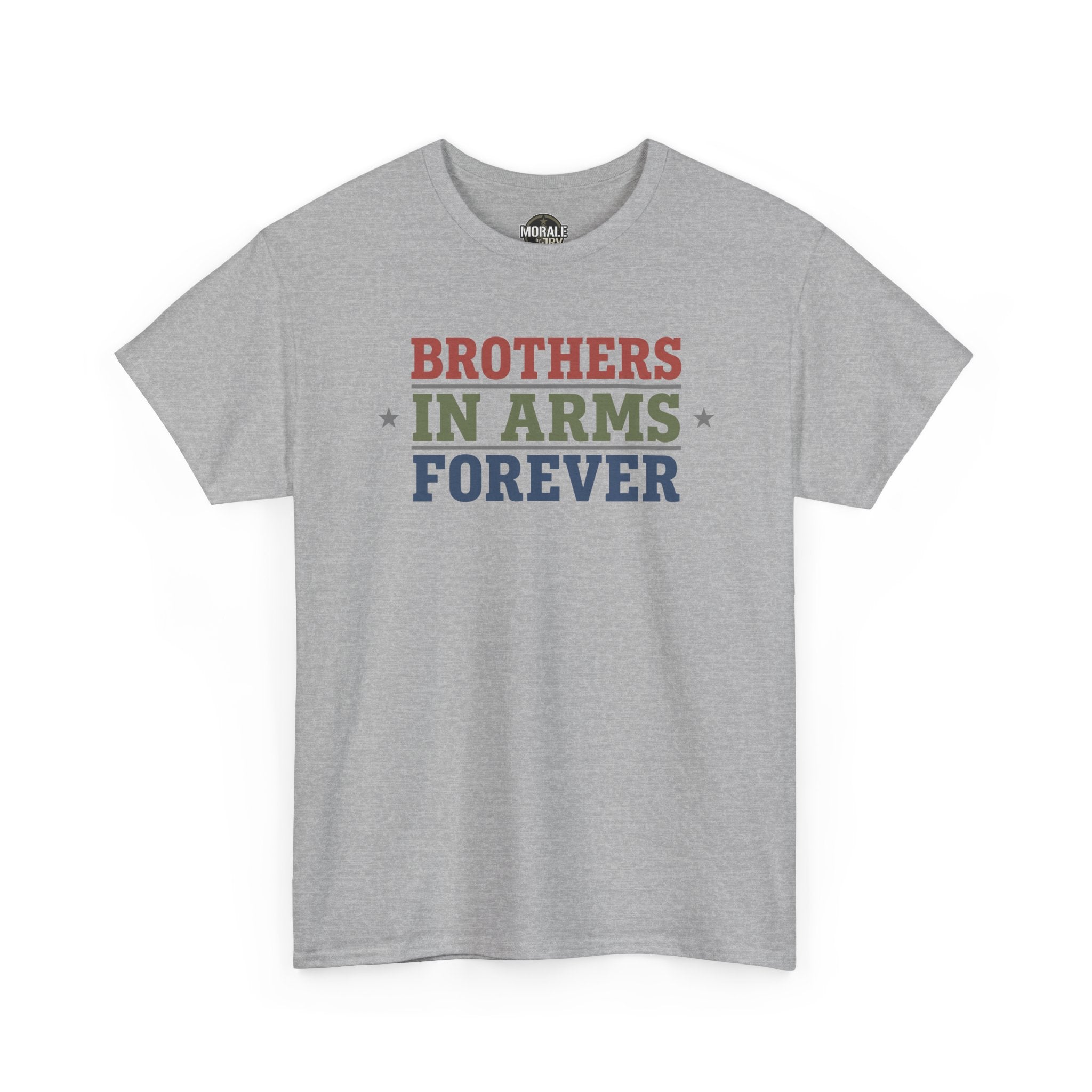 Sport grey T-shirt with multicolor 'BROTHERS IN ARMS FOREVER' star print