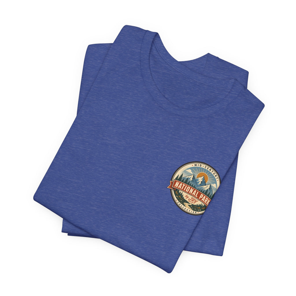 Heather true royal blue t-shirt, folded, with round National Park patch logo on chest.
