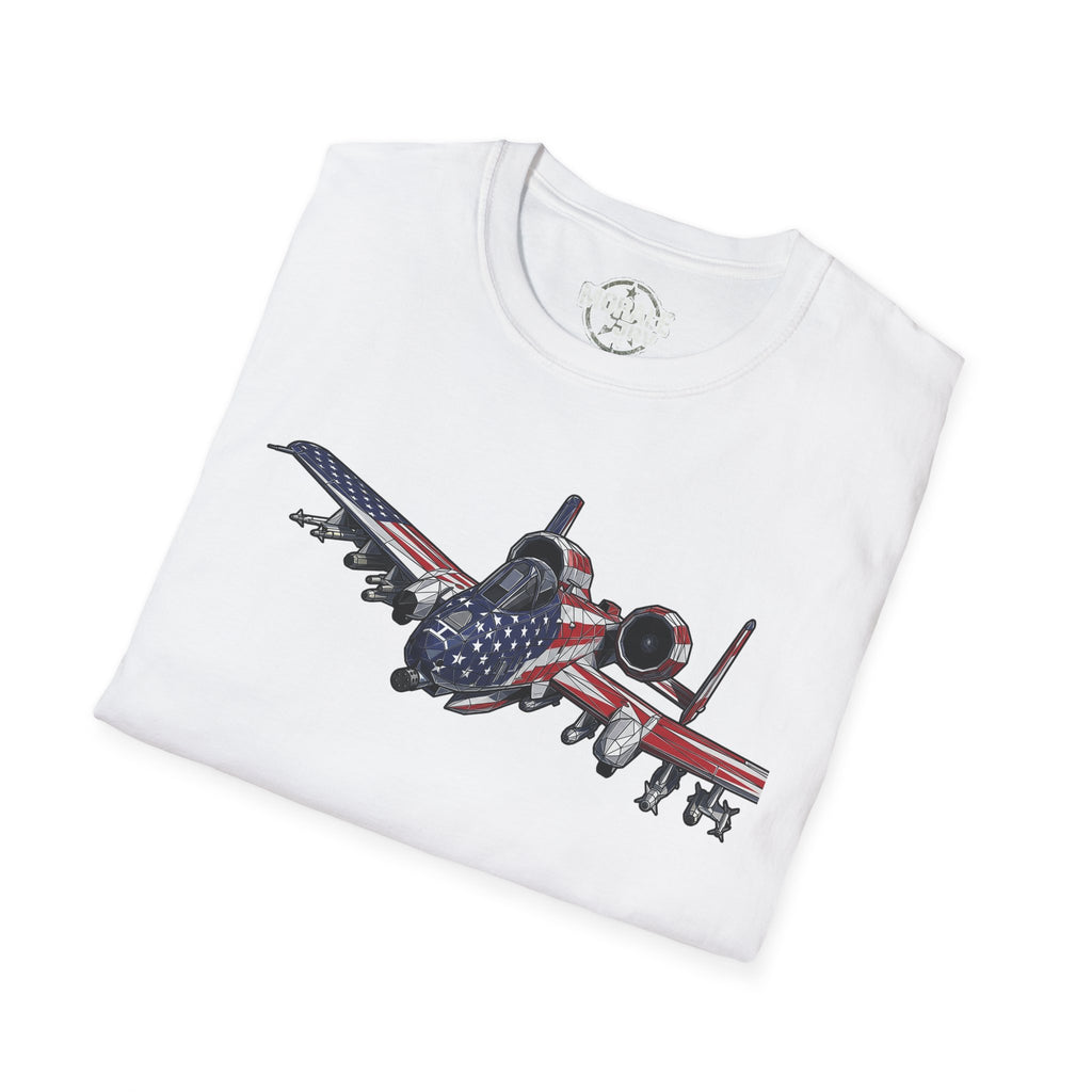 White T-shirt with A-10 Warthog graphic and American flag stripes