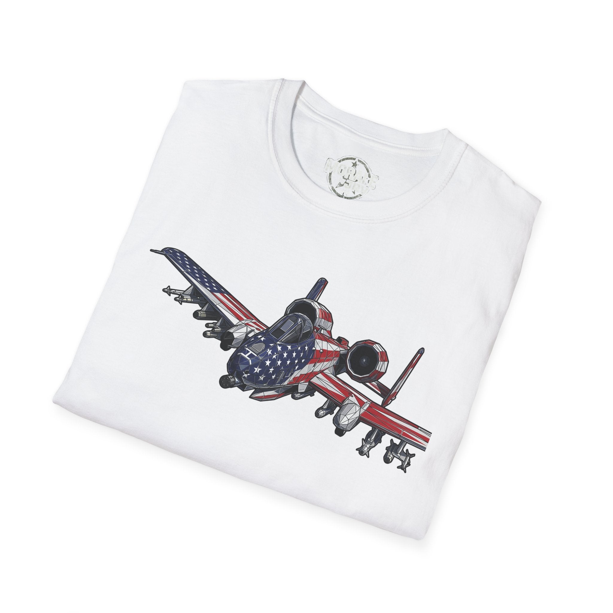 White T-shirt with A-10 Warthog graphic and American flag stripes