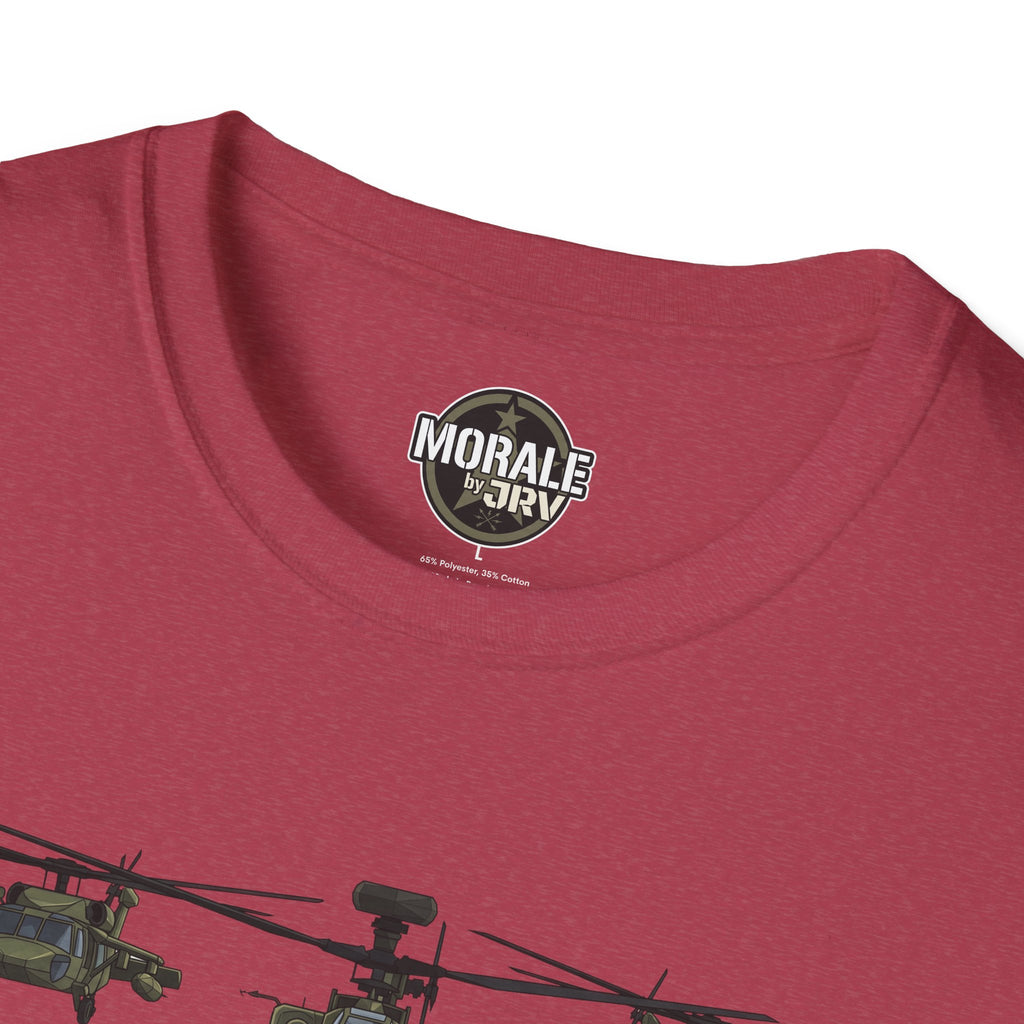 Military T-shirt with “Morale by Drive” neck emblem and partial helicopter graphic
