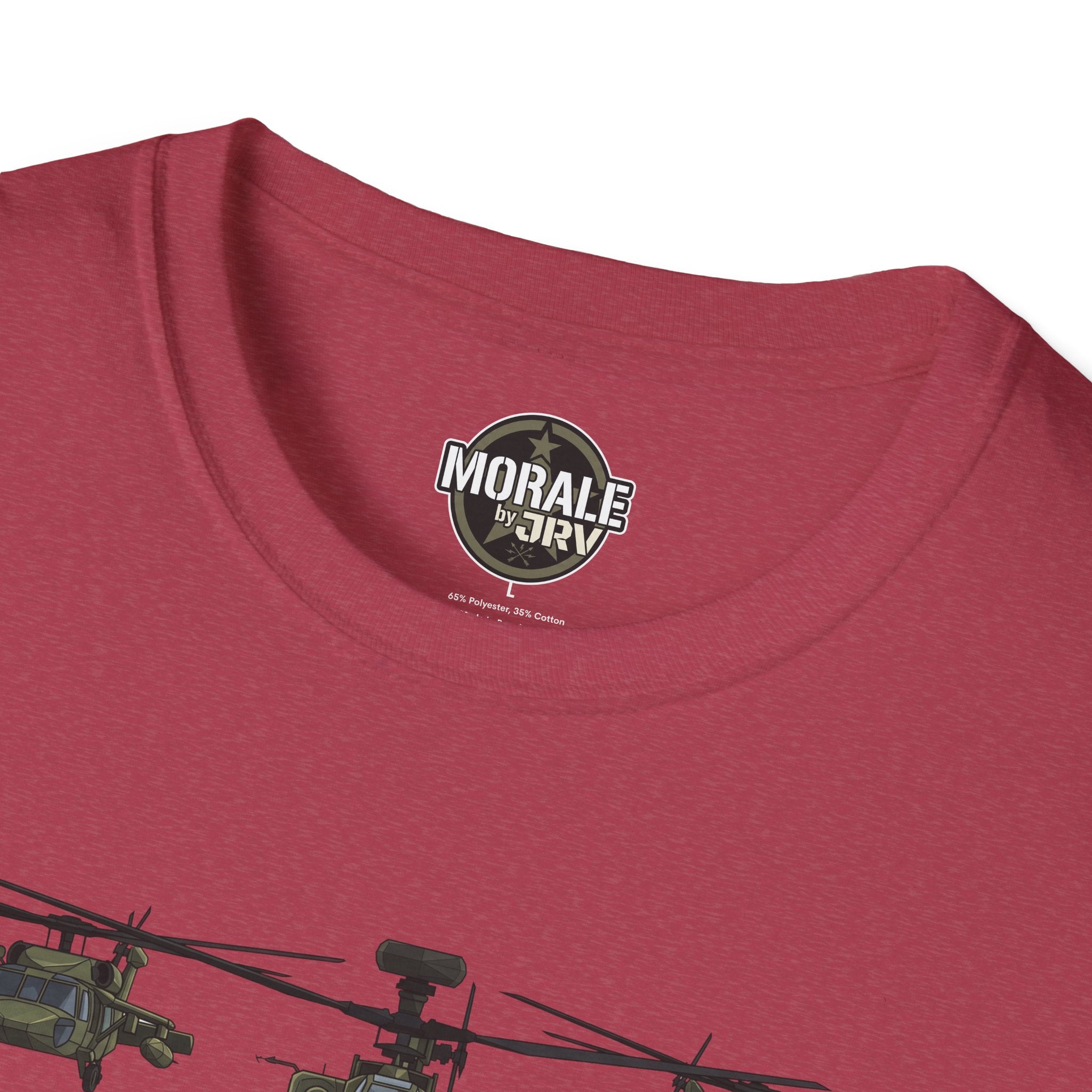 Military T-shirt with “Morale by Drive” neck emblem and partial helicopter graphic