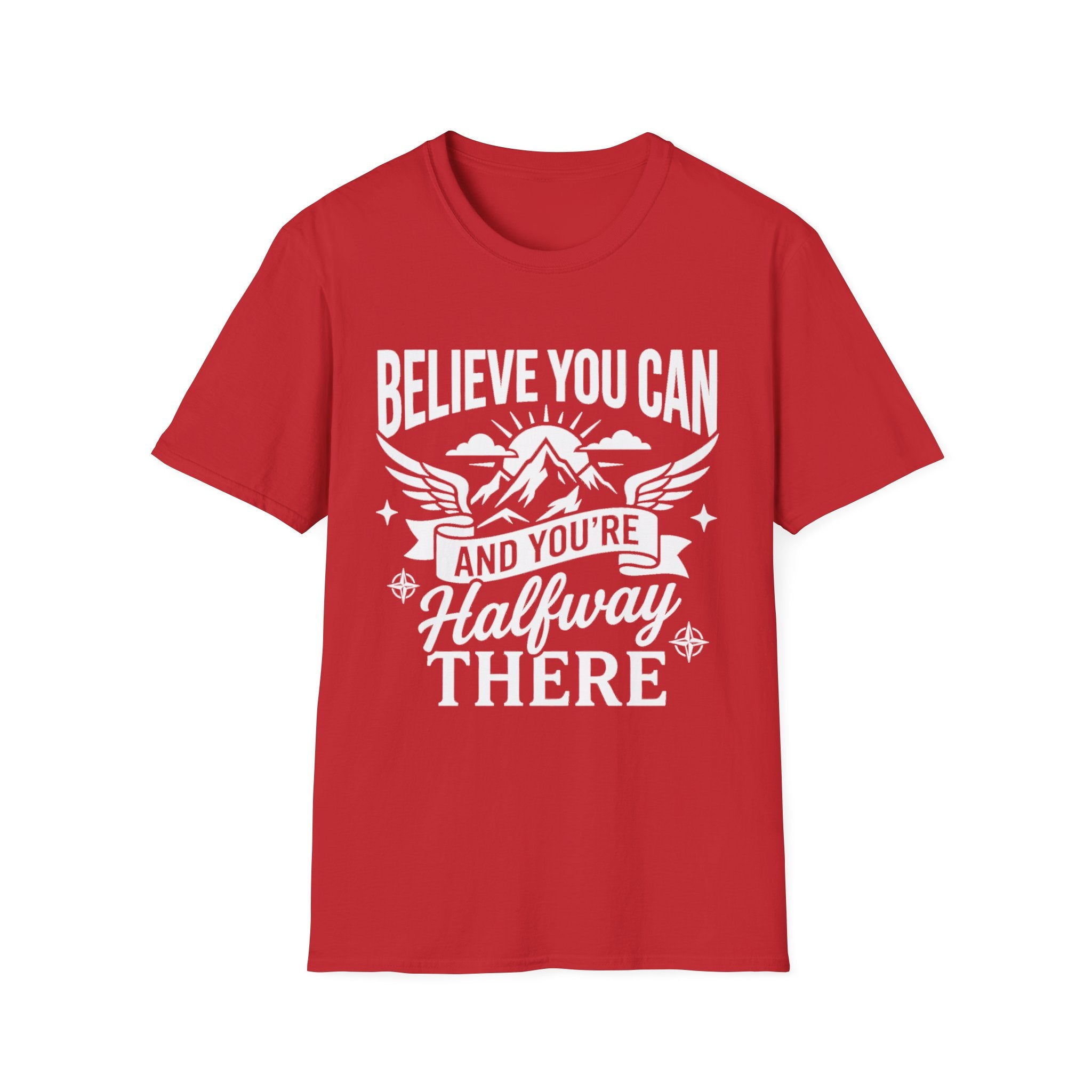 Red T-shirt with “Believe You Can” mountain-and-wings typography print