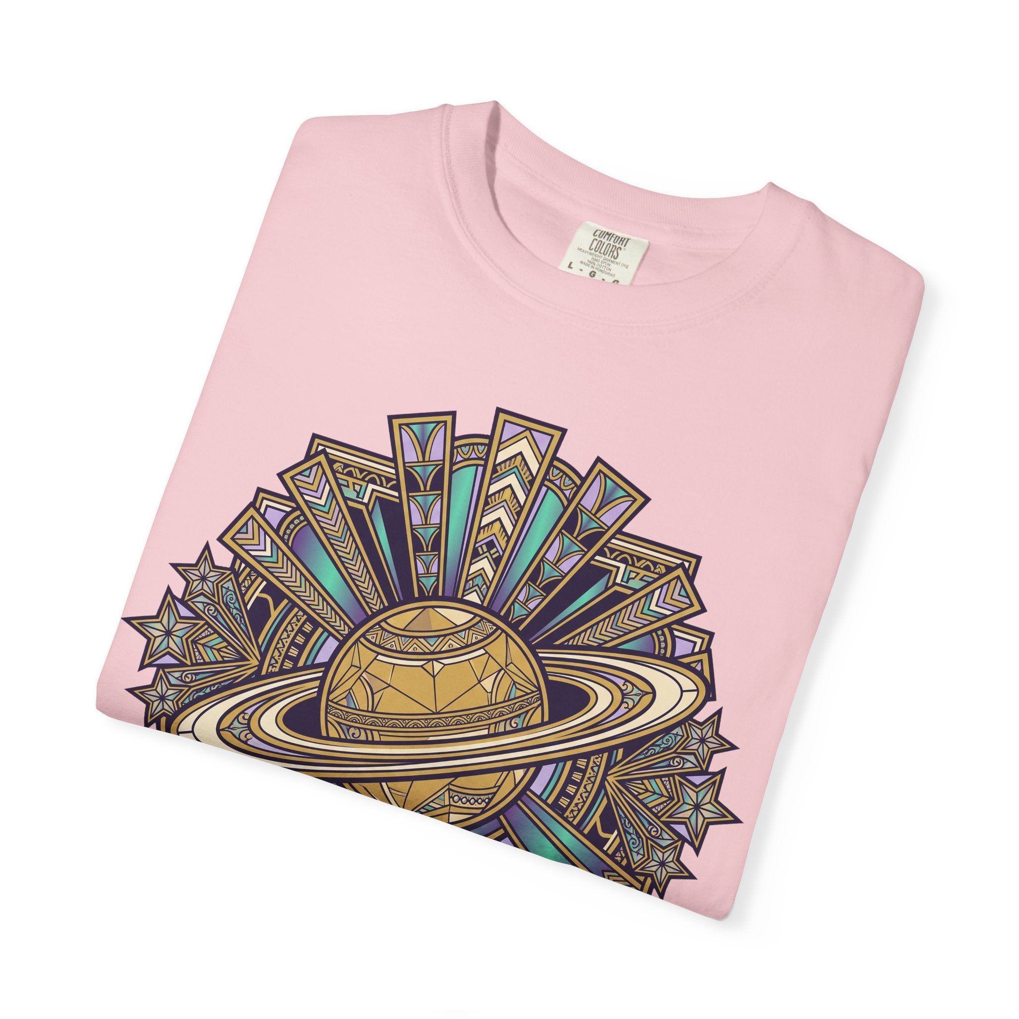 Light pink T-shirt with Saturn ring celestial graphic, folded view