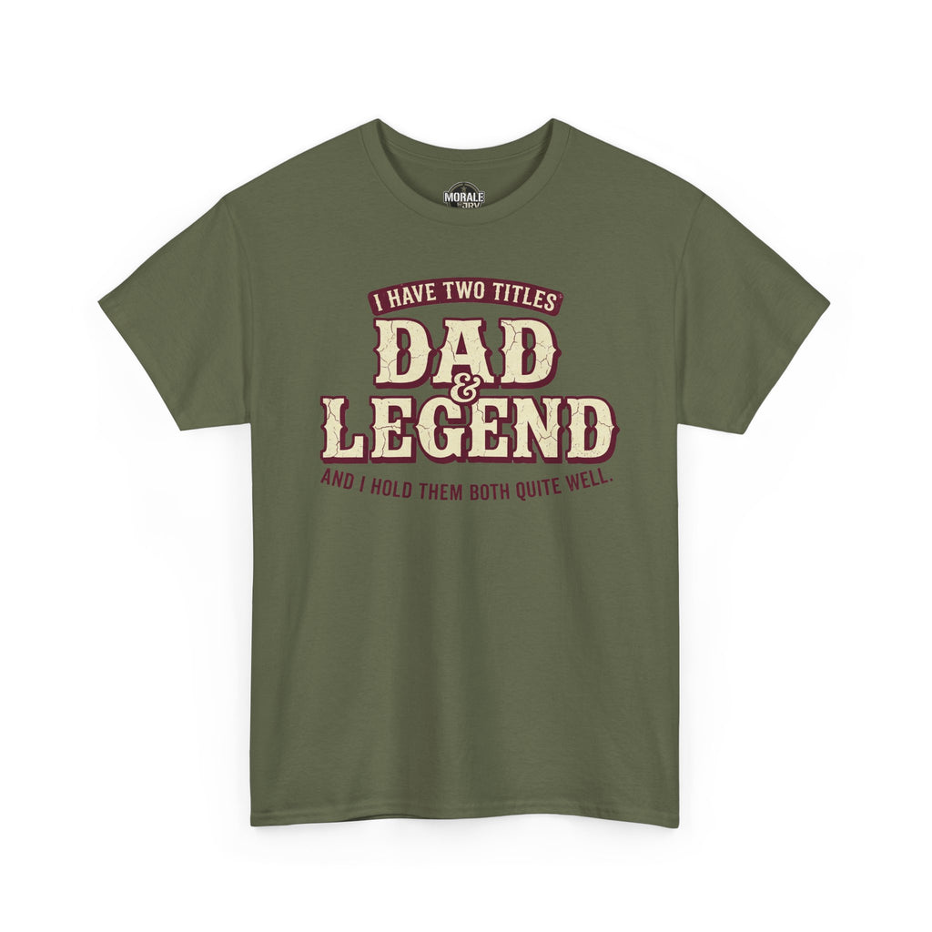 Military green T-shirt with “Dad Legend” vintage varsity-style graphic