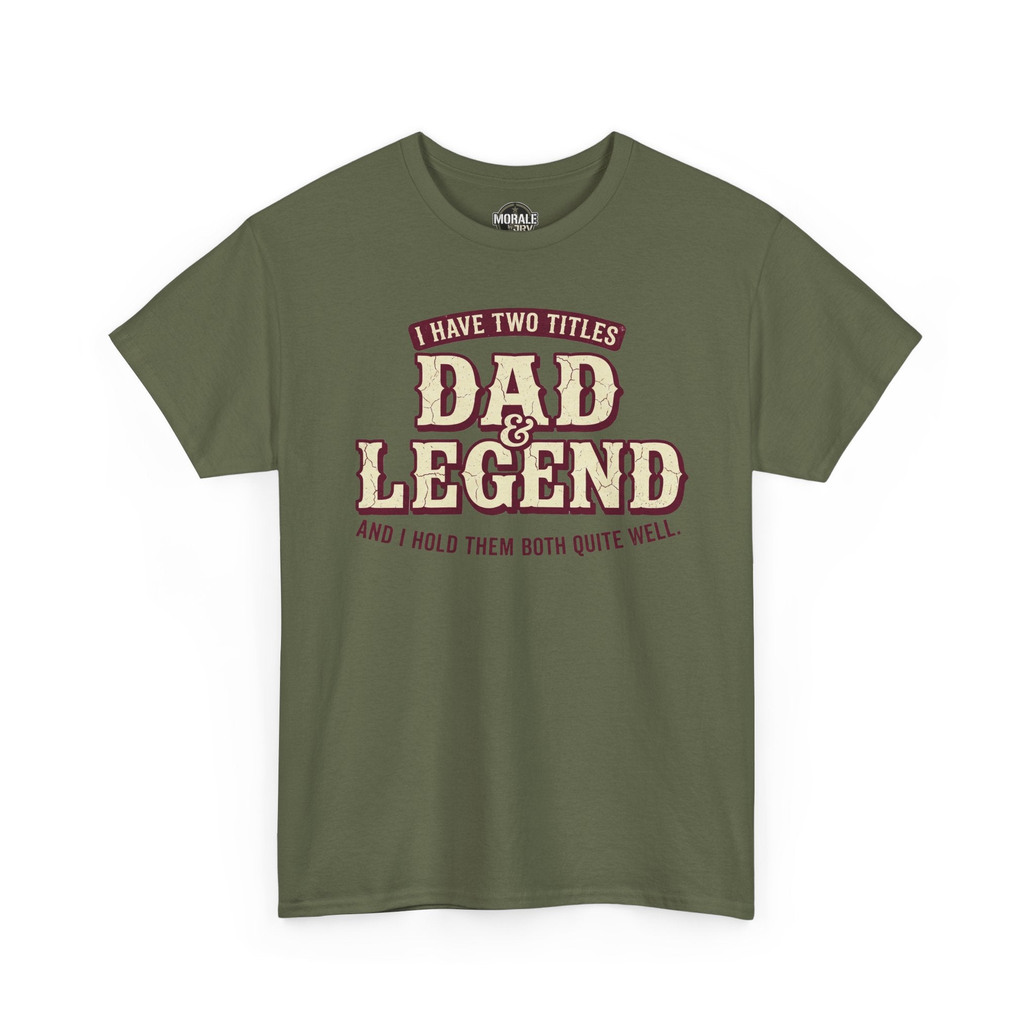 Military green T-shirt with “Dad Legend” vintage varsity-style graphic