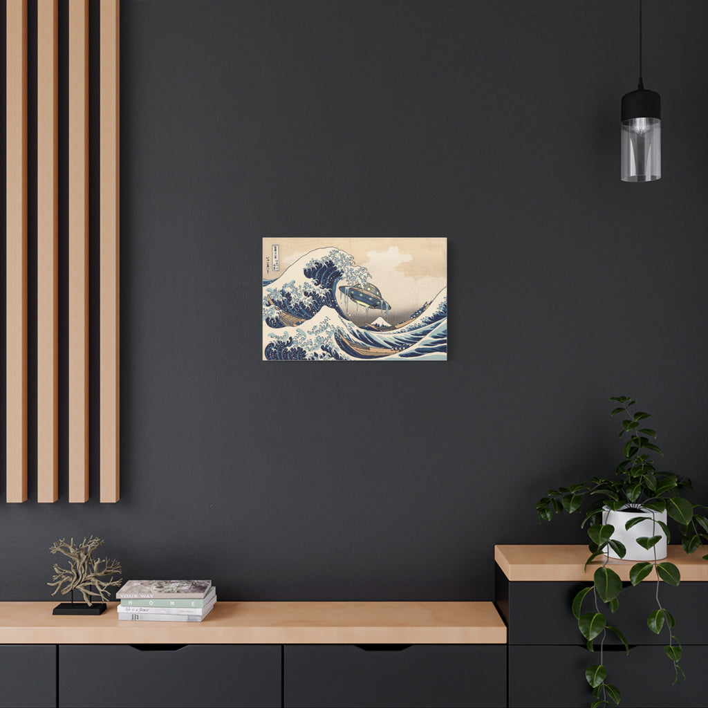 Stretched canvas wall art with blue wave crests and a UFO illustration on beige