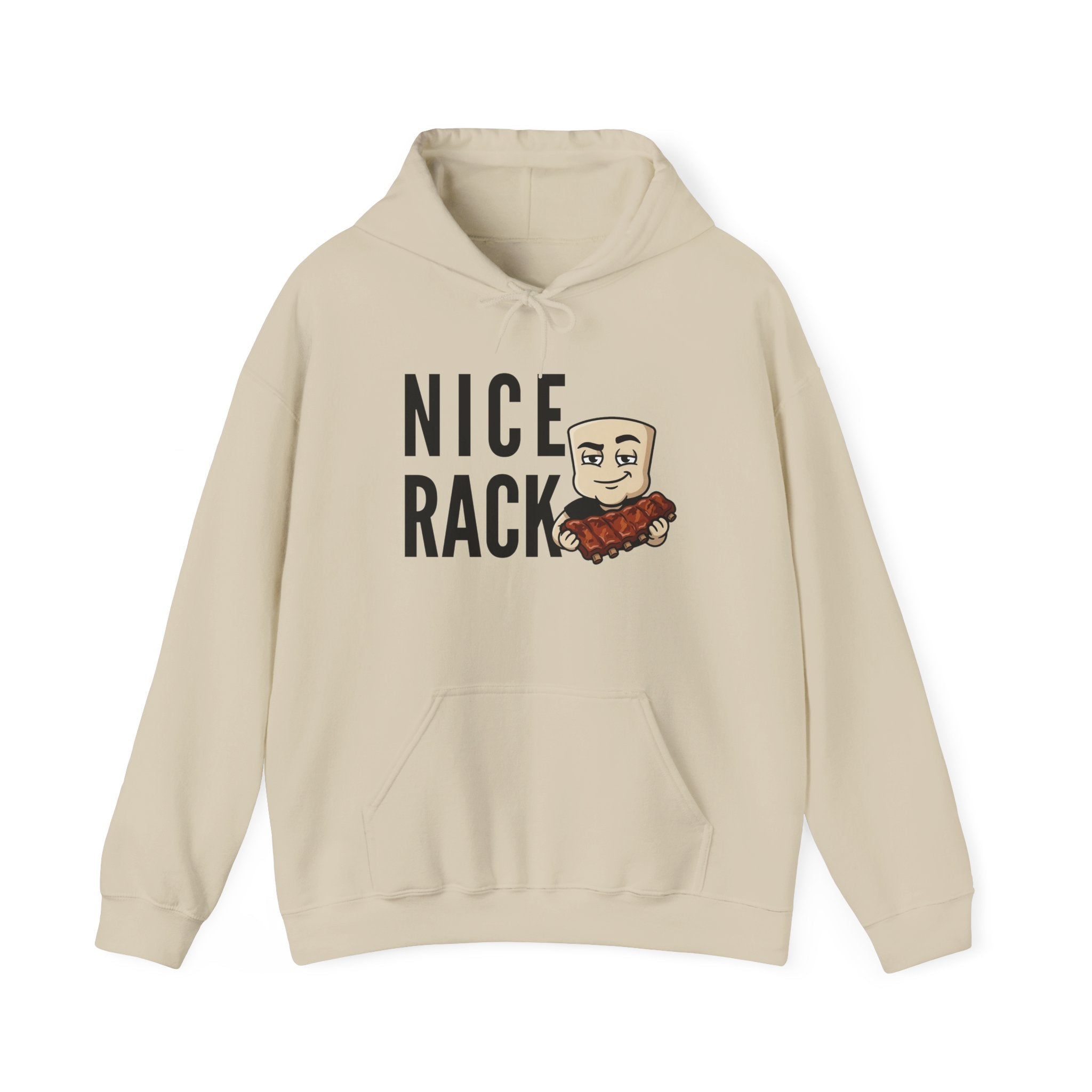 Cream hoodie with kangaroo pocket, drawstring hood, and bold rib graphic on chest.