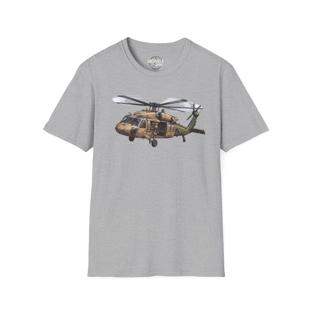 Helicopter graphic T-shirt in sport grey, front print of a UH-60 Black Hawk