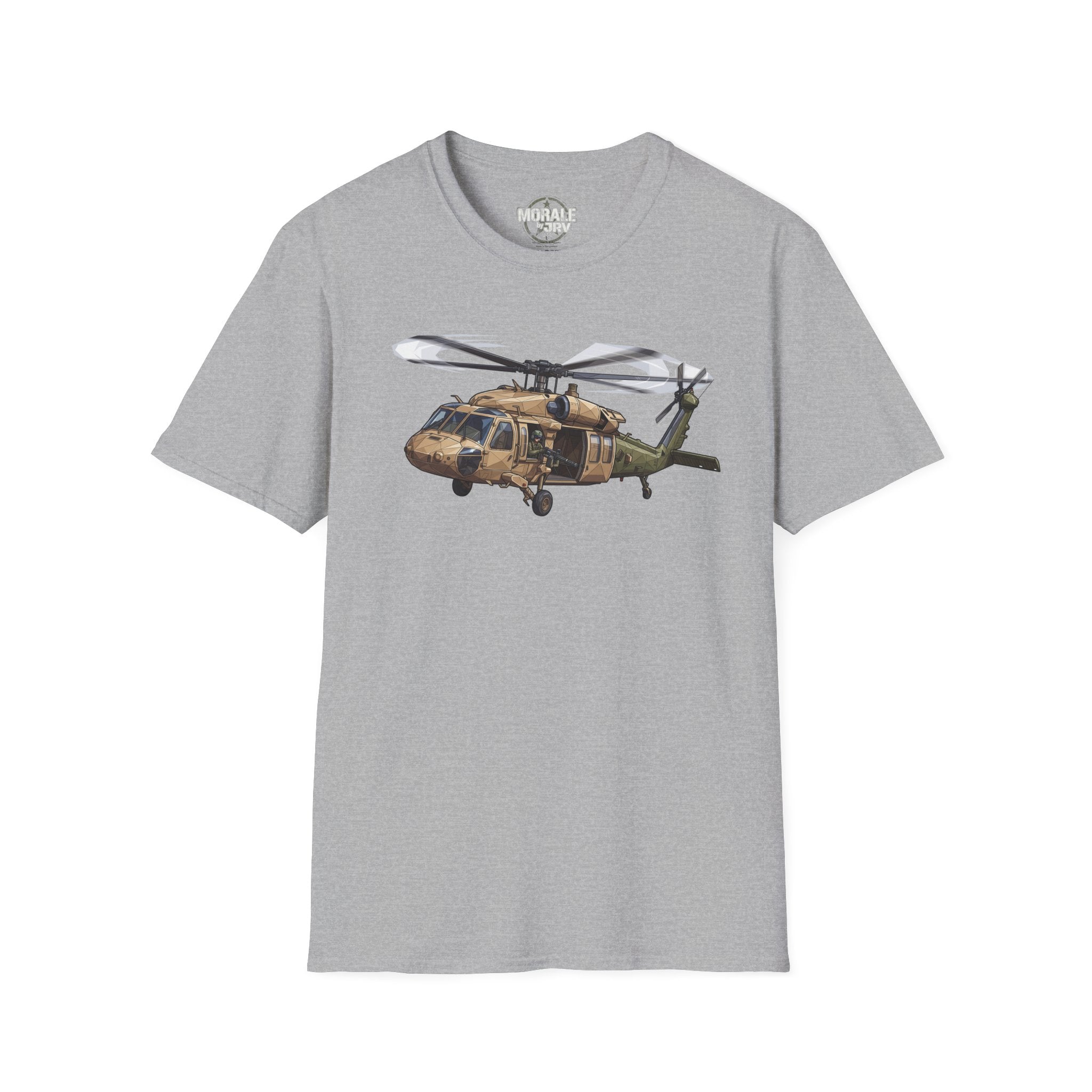 Helicopter graphic T-shirt in sport grey, front print of a UH-60 Black Hawk