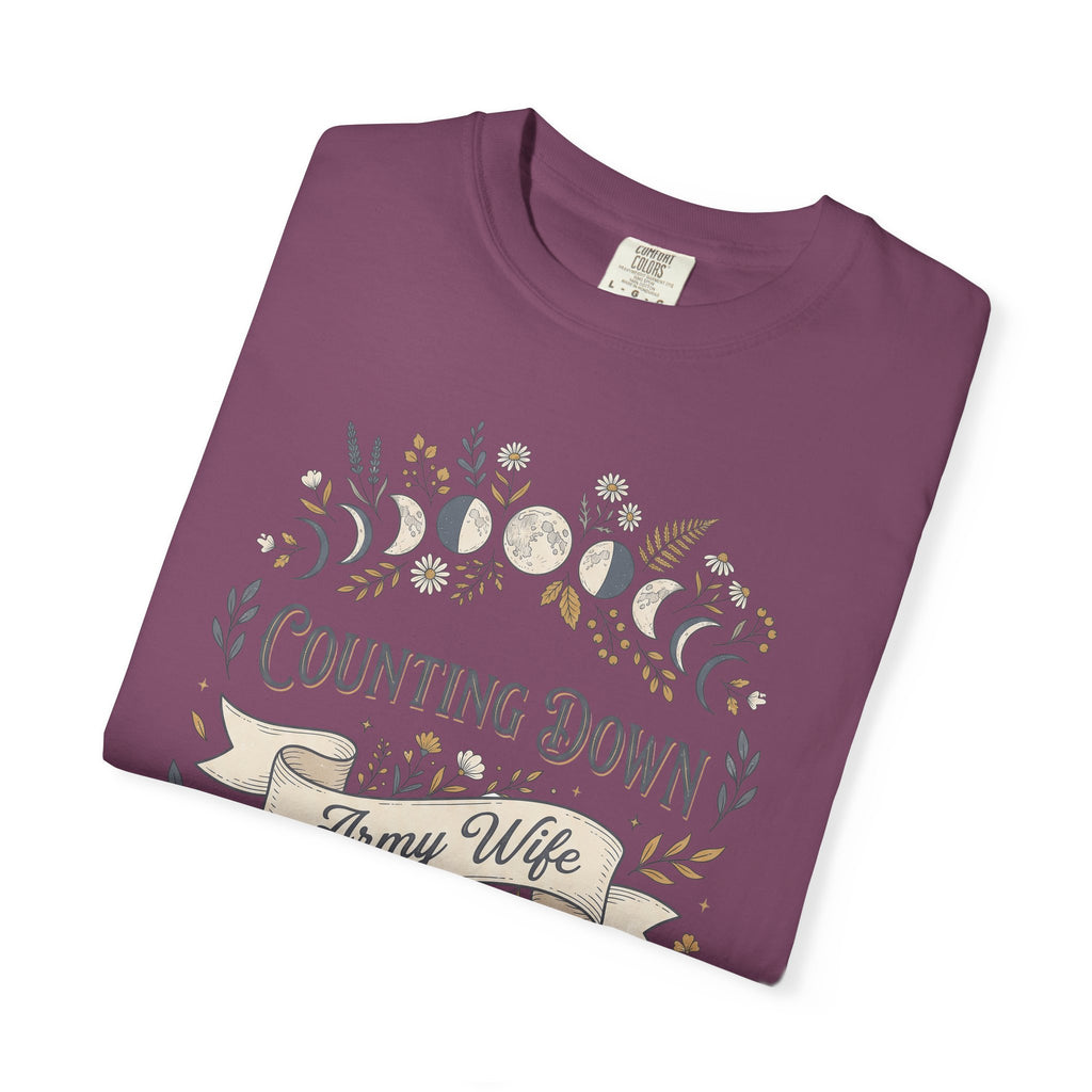 Plum graphic T-shirt with floral crescent and “Counting Down” and “Army Wife”