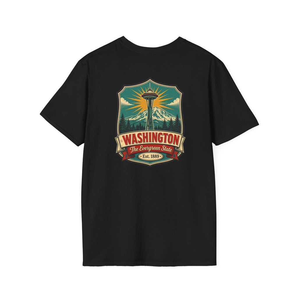 Black T-shirt with Washington lighthouse graphic on front