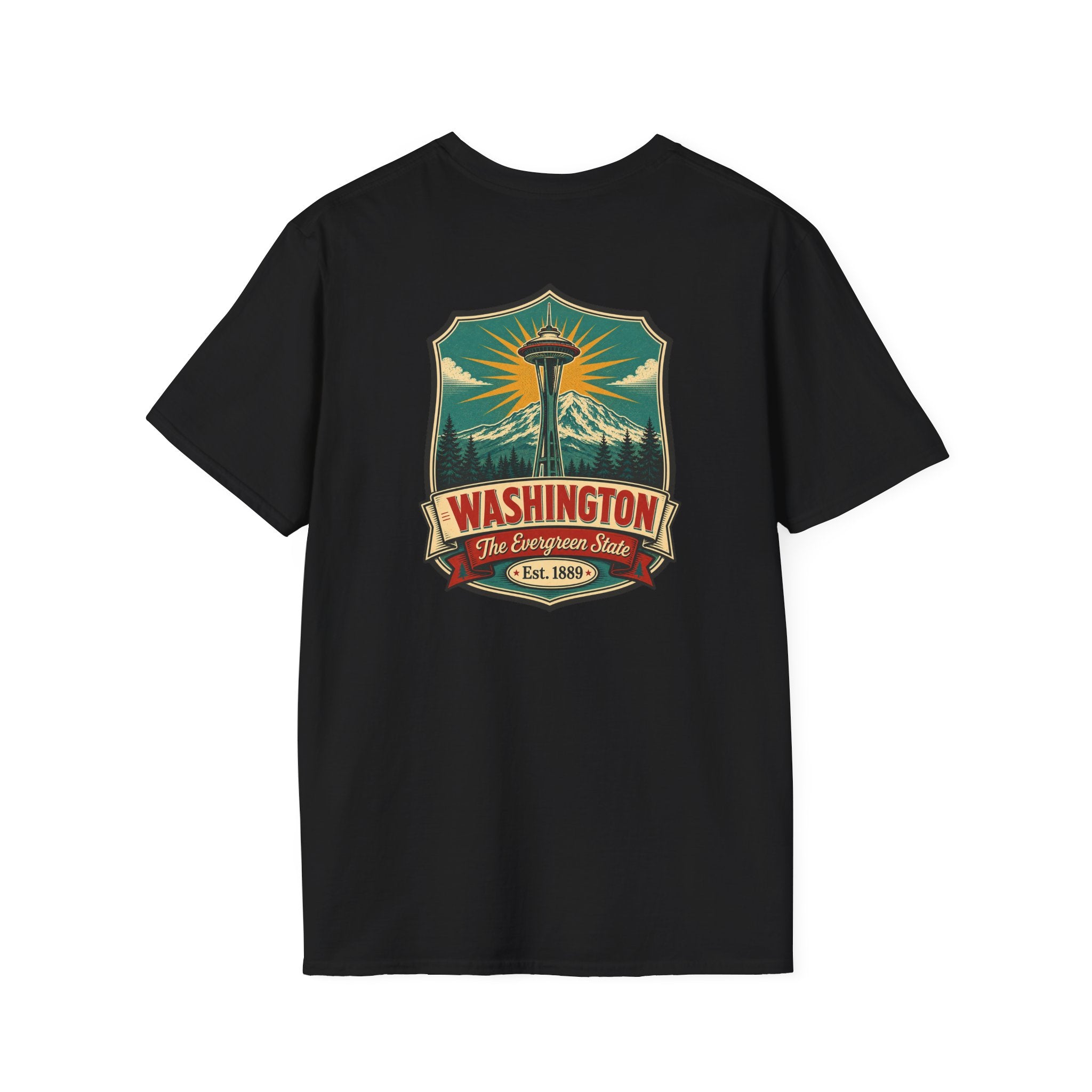 Black T-shirt with Washington lighthouse graphic on front