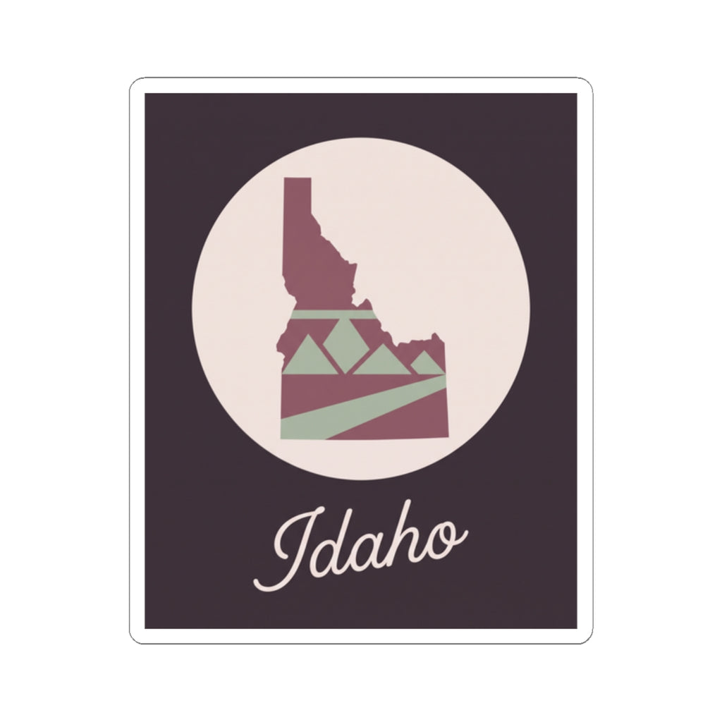 Mauve Idaho state silhouette vinyl decal with circular design and 'Idaho' script
