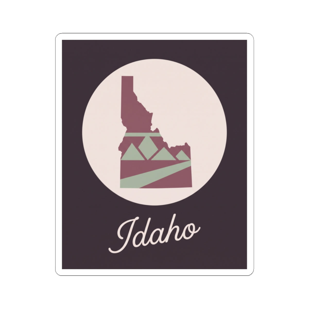 Mauve Idaho state silhouette vinyl decal with circular design and 'Idaho' script
