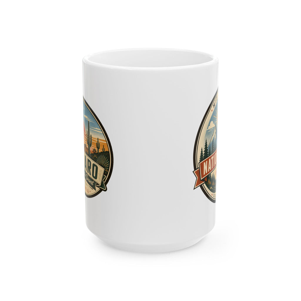 White ceramic coffee mug with desert park badge graphic on front