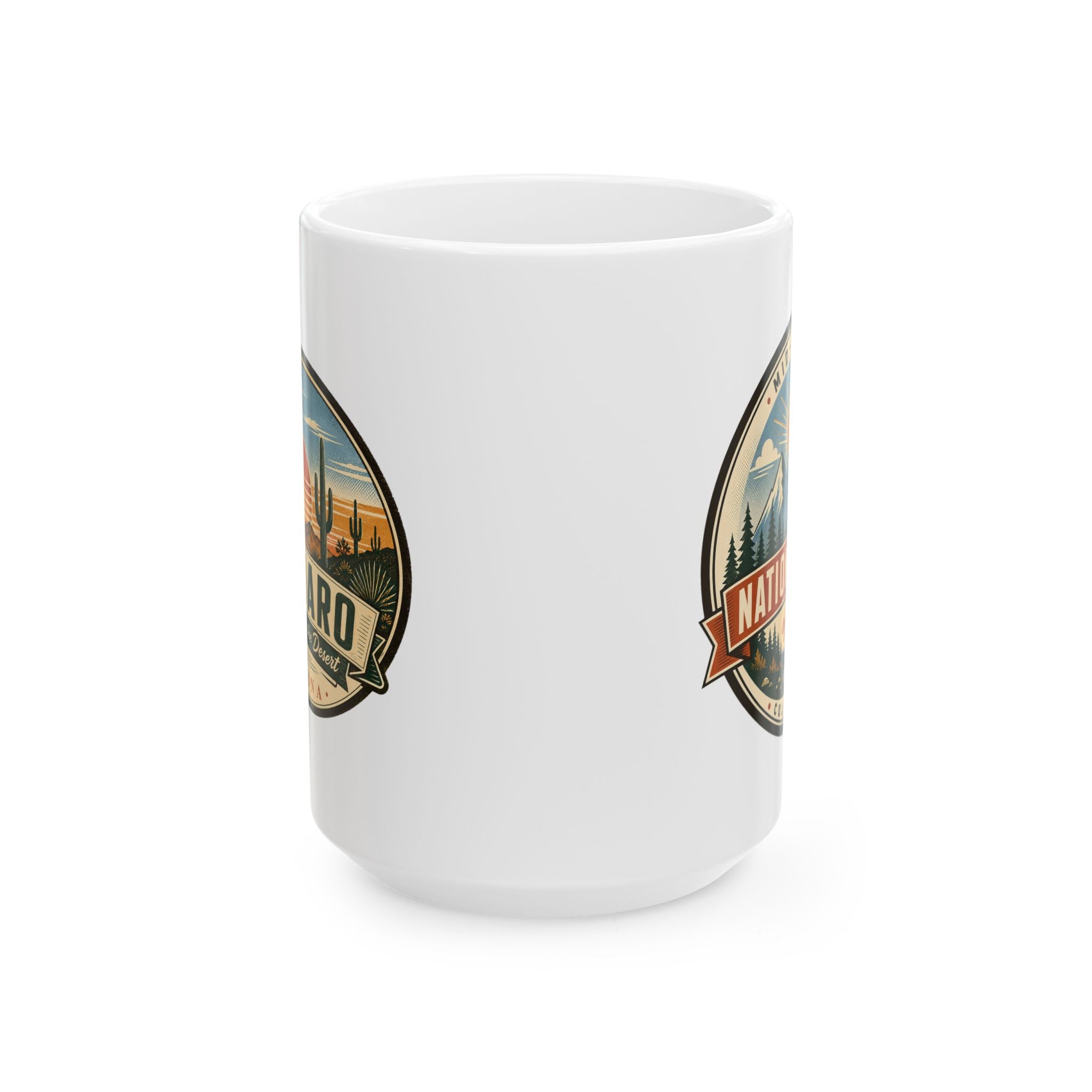 White ceramic coffee mug with desert park badge graphic on front